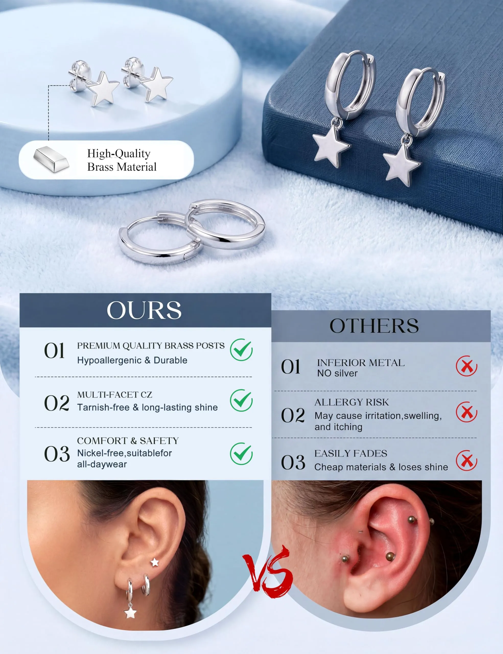 Dochais 3 Paia Set Orecchini Donna Cerchio Argento Color Orecchini Placcato Oro 14K Ipoallergenico Orecchini a Cerchio Piccoli Small Hoop Earrings Cartilagine Trago Helix Piercing Orecchino Donna - immagine 6