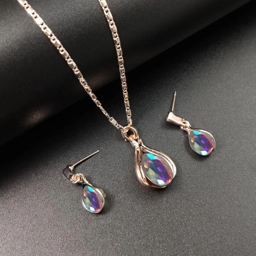 BWOOOWE Parure Gioielli Donna 2 Pezzi Set Collana Orecchini Donna a Goccia Collana con Ciondolo Orecchini Pendenti a Goccia Set Gioielli da Sposa Elegante per Cerimonia Festa (Colorato) - immagine 7