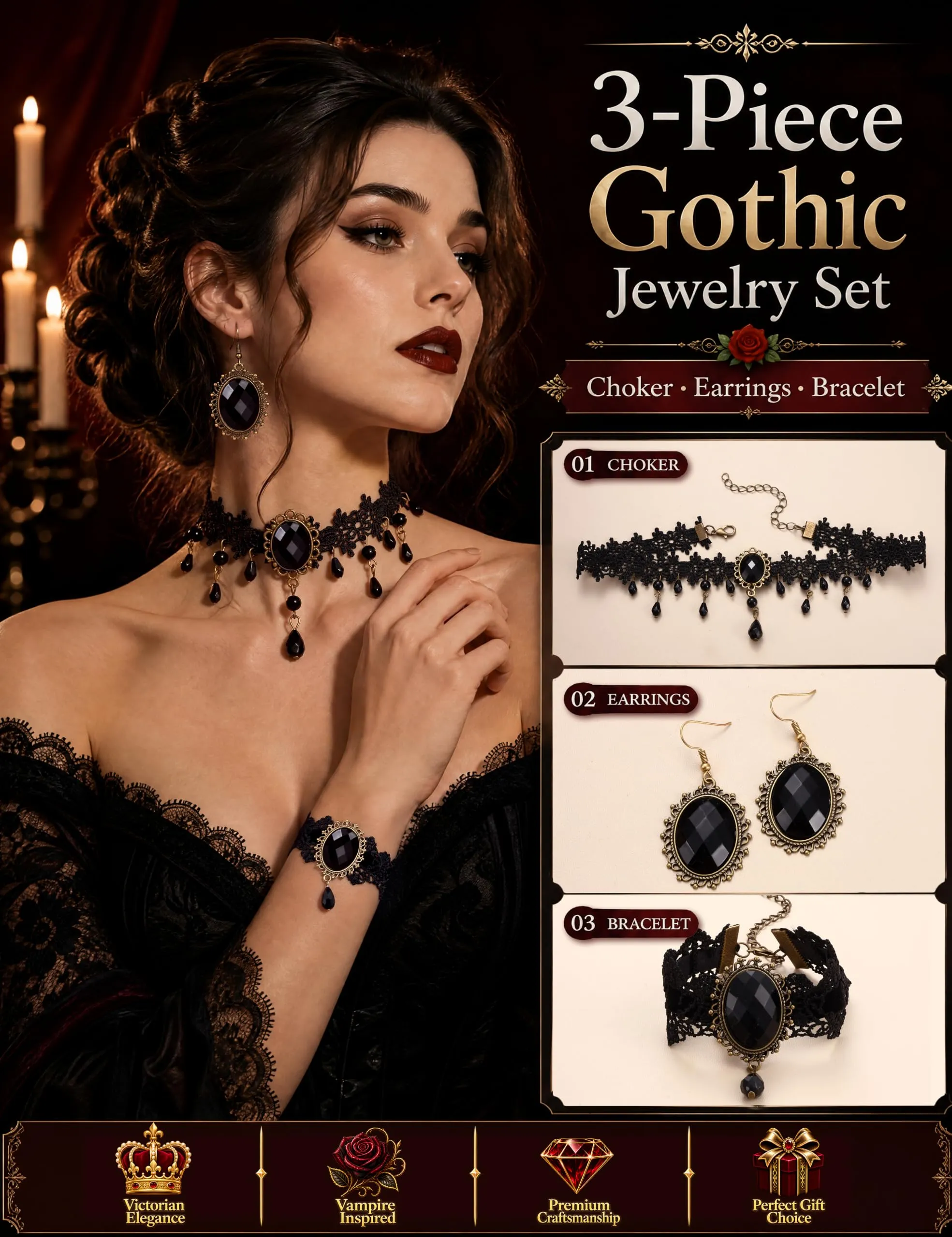 ADRAMATA Gioielli Halloween Collana Vampiro Orecchini Gotici e Bracciale - immagine 2