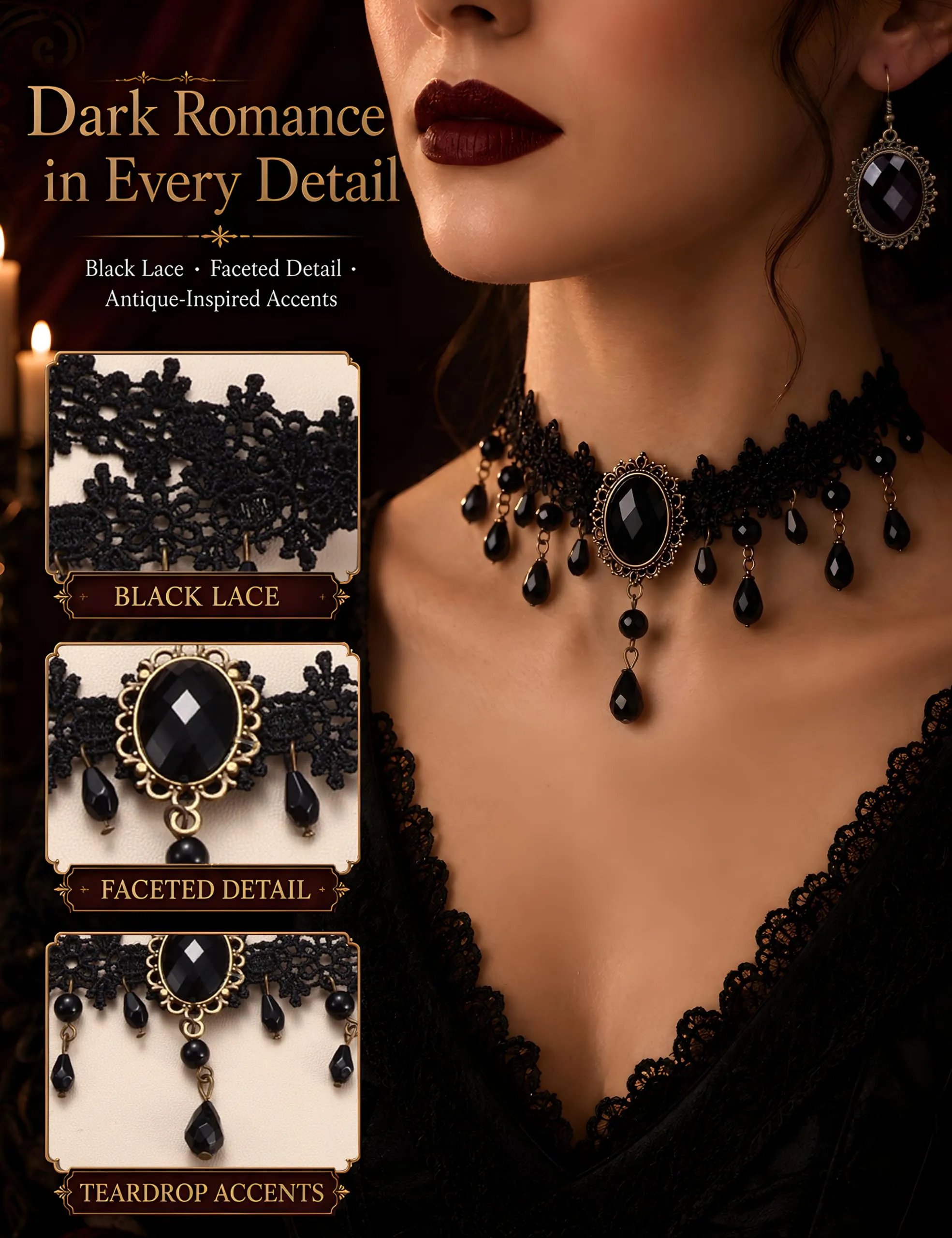 ADRAMATA Gioielli Halloween Collana Vampiro Orecchini Gotici e Bracciale - immagine 3