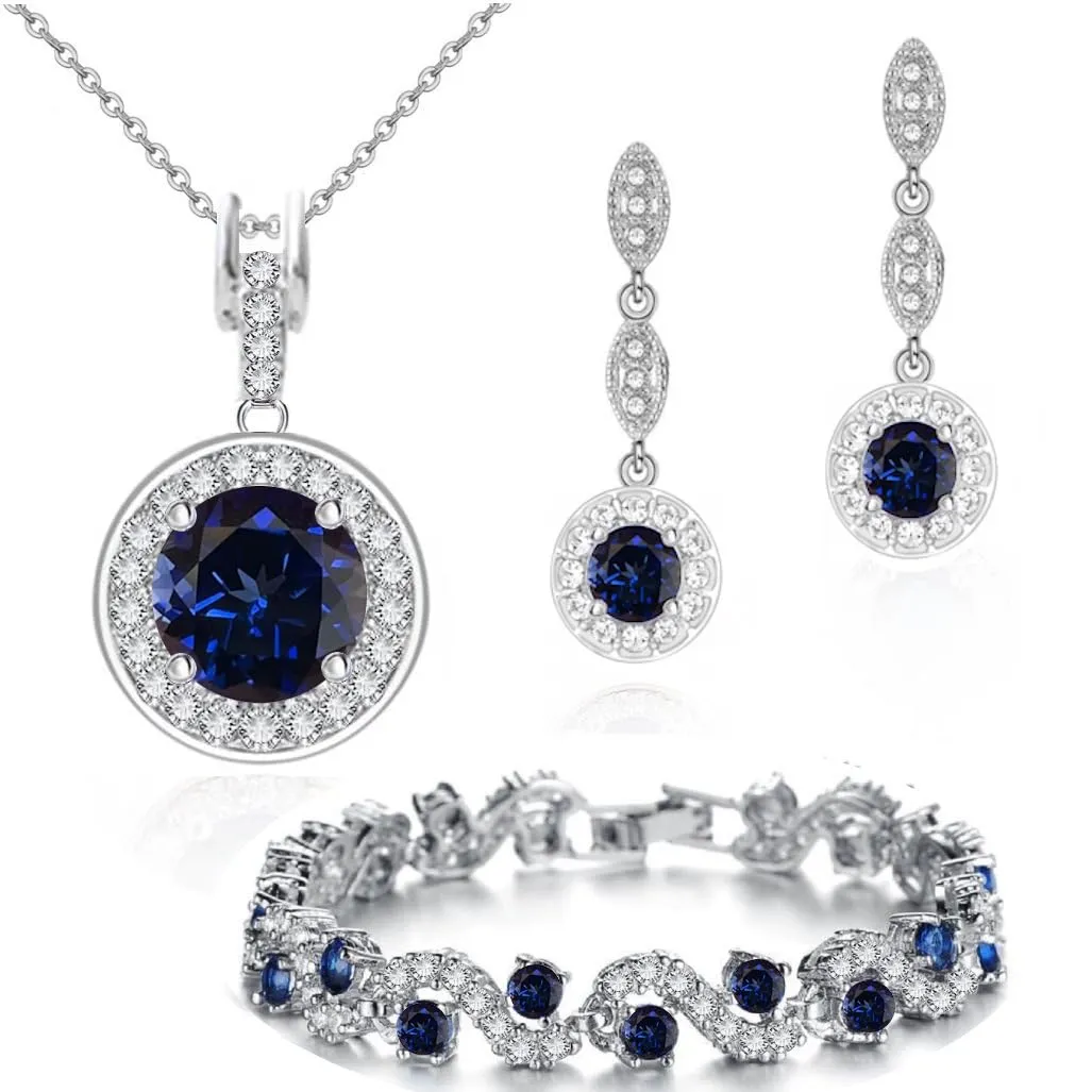 Crystalline Azuria Donna 18ct Placcato Oro Zaffiro simulato Blu Cristalli di Zirconi Rotondo Parure Collana con Ciondolo 45 cm Orecchini Bracciale - immagine 1
