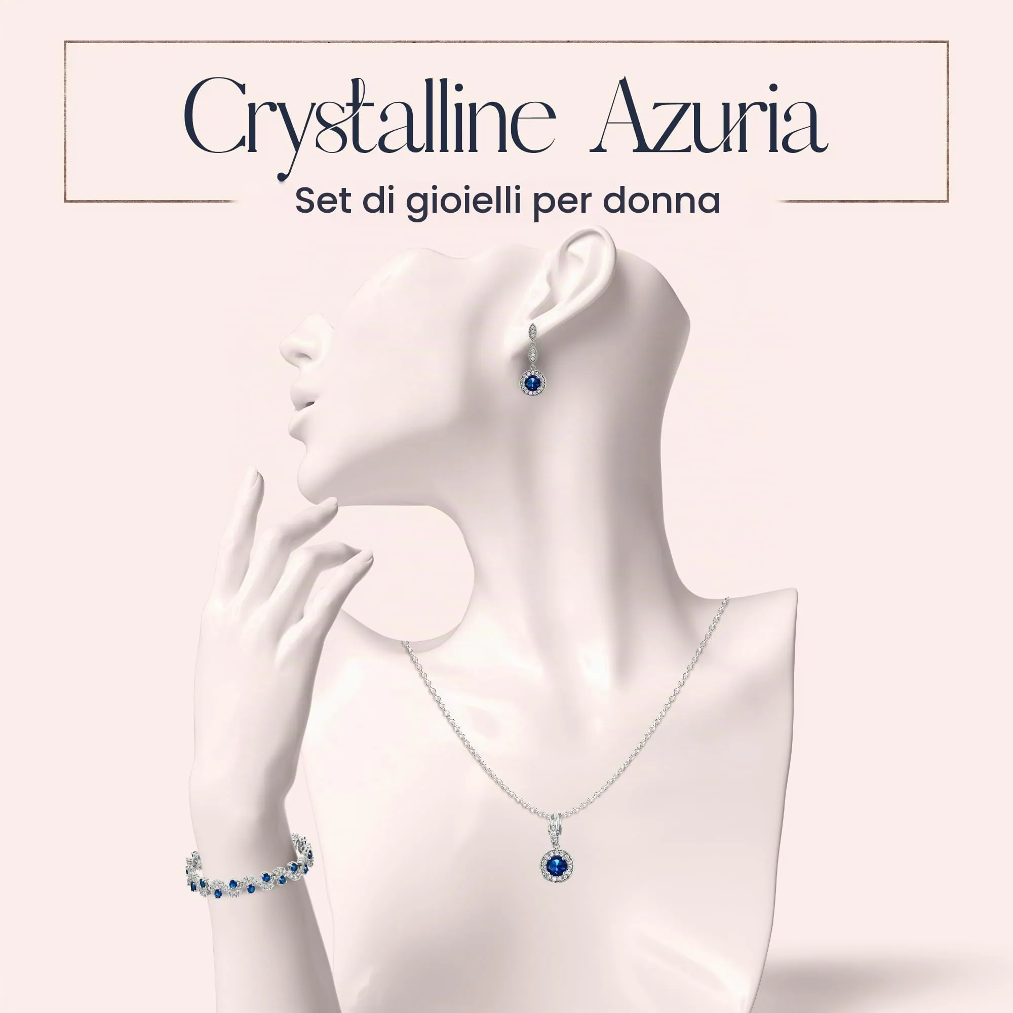 Crystalline Azuria Donna 18ct Placcato Oro Zaffiro simulato Blu Cristalli di Zirconi Rotondo Parure Collana con Ciondolo 45 cm Orecchini Bracciale - immagine 2