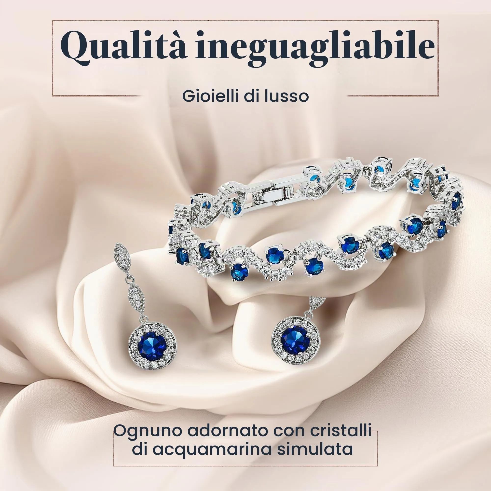 Crystalline Azuria Donna 18ct Placcato Oro Zaffiro simulato Blu Cristalli di Zirconi Rotondo Parure Collana con Ciondolo 45 cm Orecchini Bracciale - immagine 5