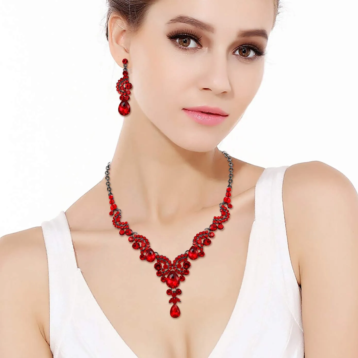 EVER FAITH Set Gioielli Donna, Rhinestone Cristallo Sposa Floreale Onda a Goccia Collana Orecchini Rosso Nero-Fondo - immagine 2