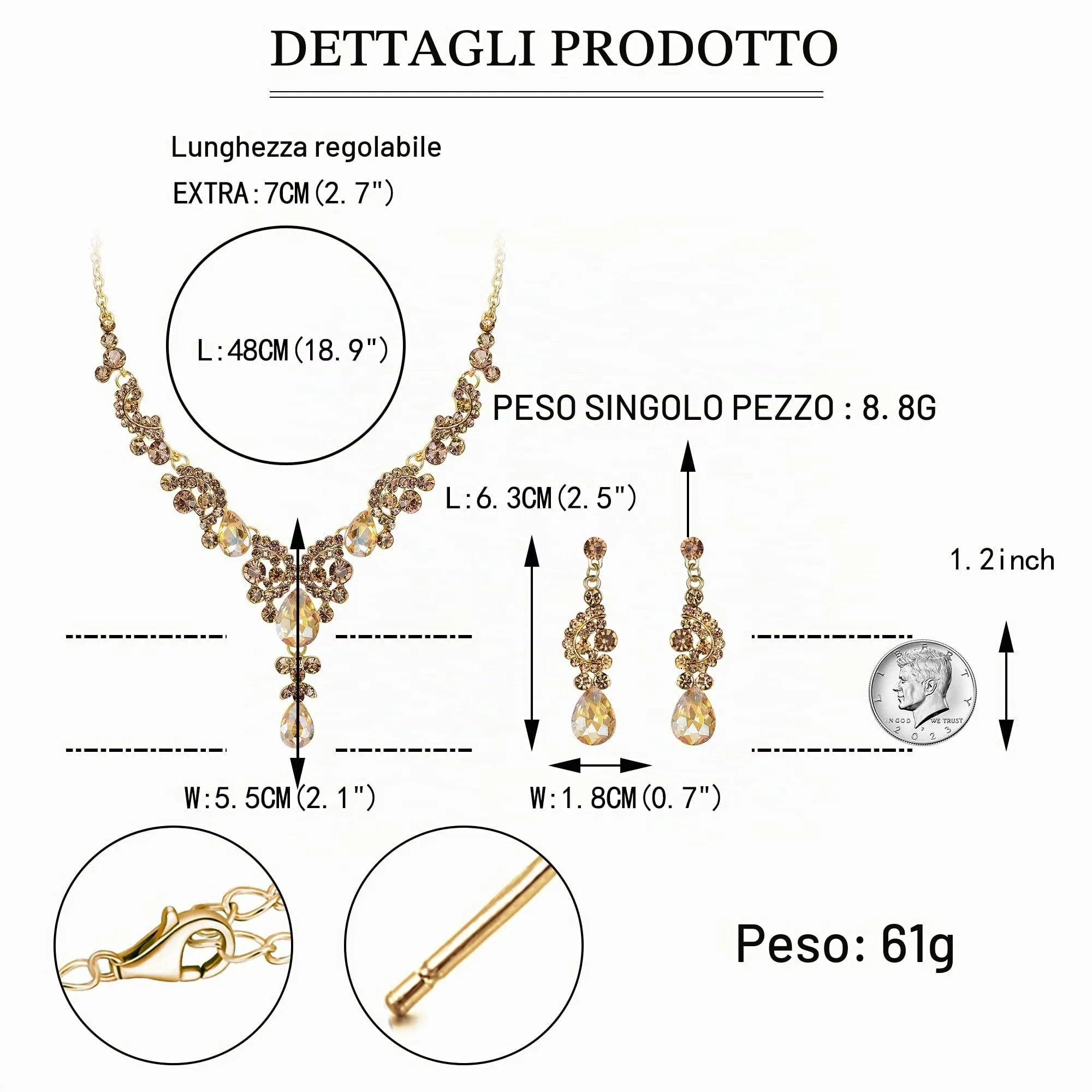 EVER FAITH Collana e Orecchini da Donna, Rhinestone Cristallo Sposa Floreale Onda Goccia Parure Gioielli Marrone Oro-Fondo - immagine 4
