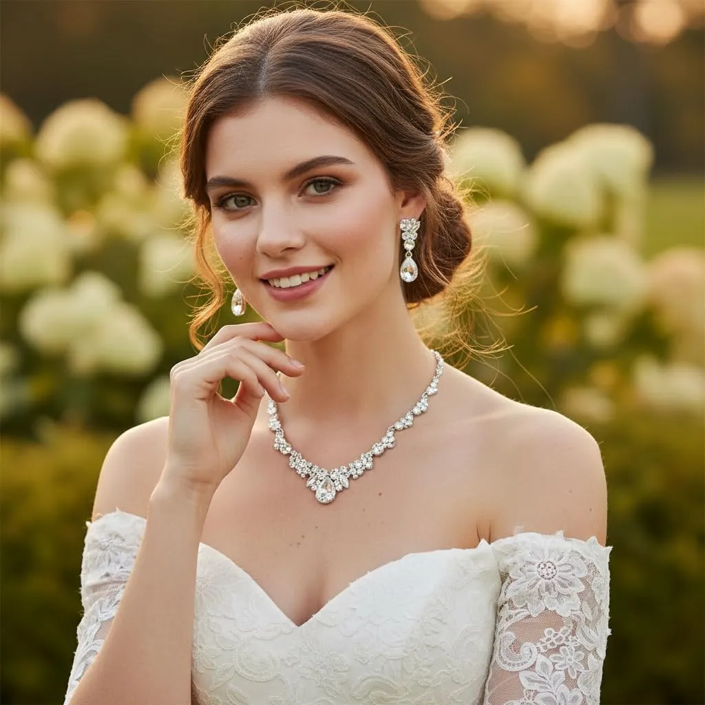 EVER FAITH Collana e Orecchini da Donna, Cristallo austriaco Nuziale Floreale goccia Parure Gioielli Argento-fondo - immagine 2