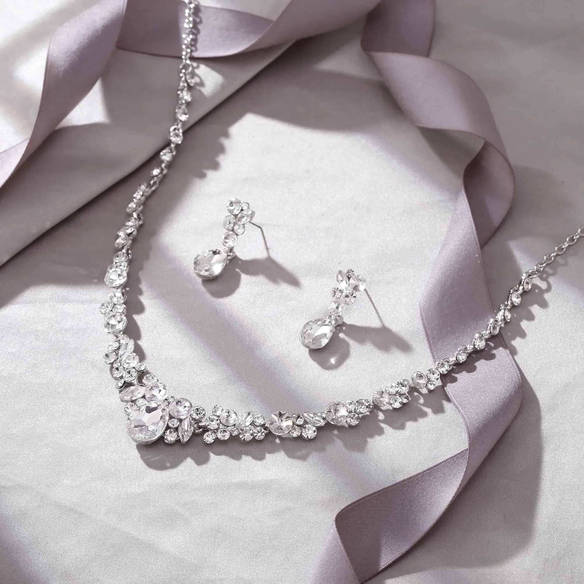 EVER FAITH Collana e Orecchini da Donna, Cristallo austriaco Nuziale Floreale goccia Parure Gioielli Argento-fondo - immagine 5