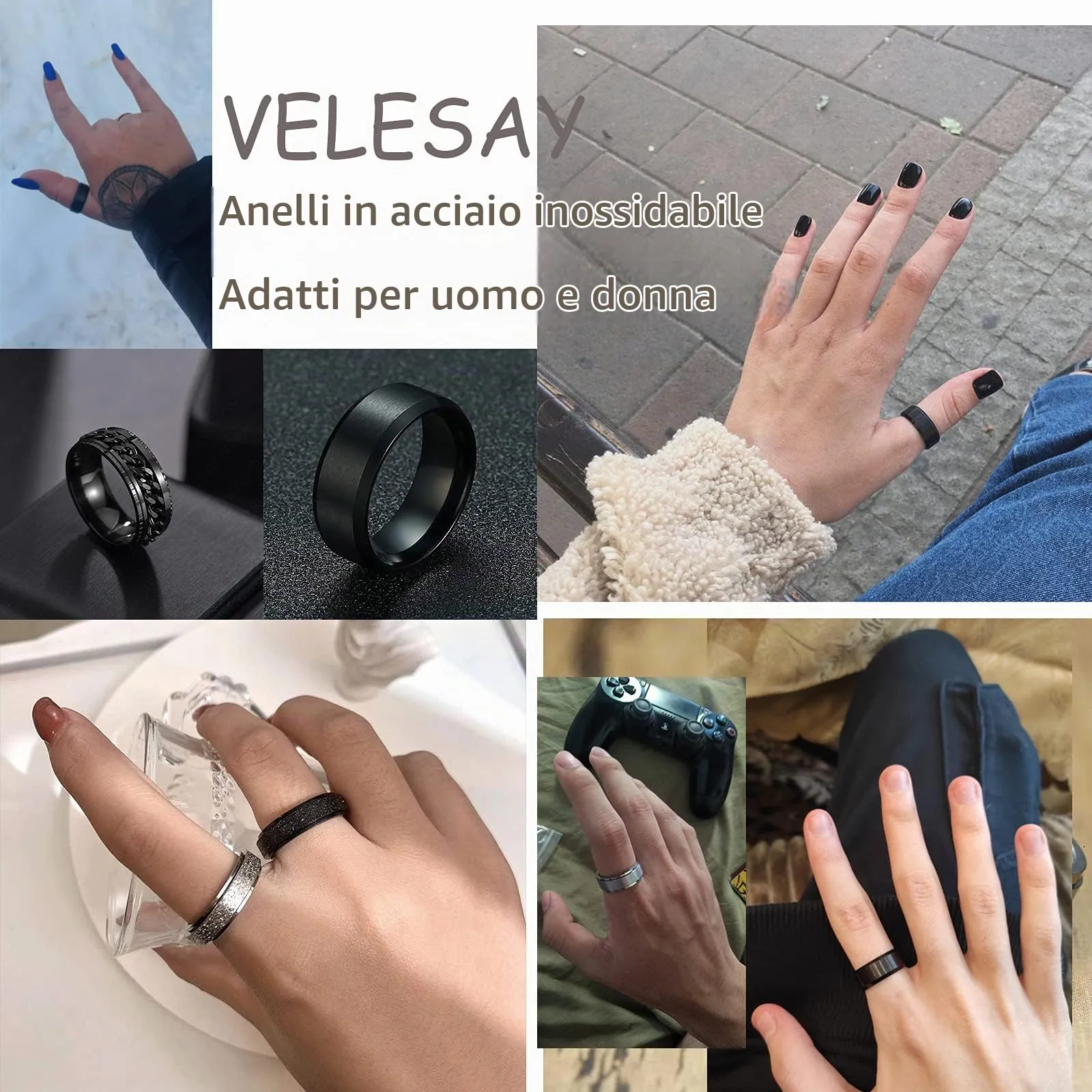 VELESAY 6PCS Anello Uomo Acciaio Inossidabile Vintage Catena Anelli Set Punk Gotico Anello Donna Uomo Nero Anello Donna Nero Acciaio Set Anelli Acciaio Uomo - immagine 4