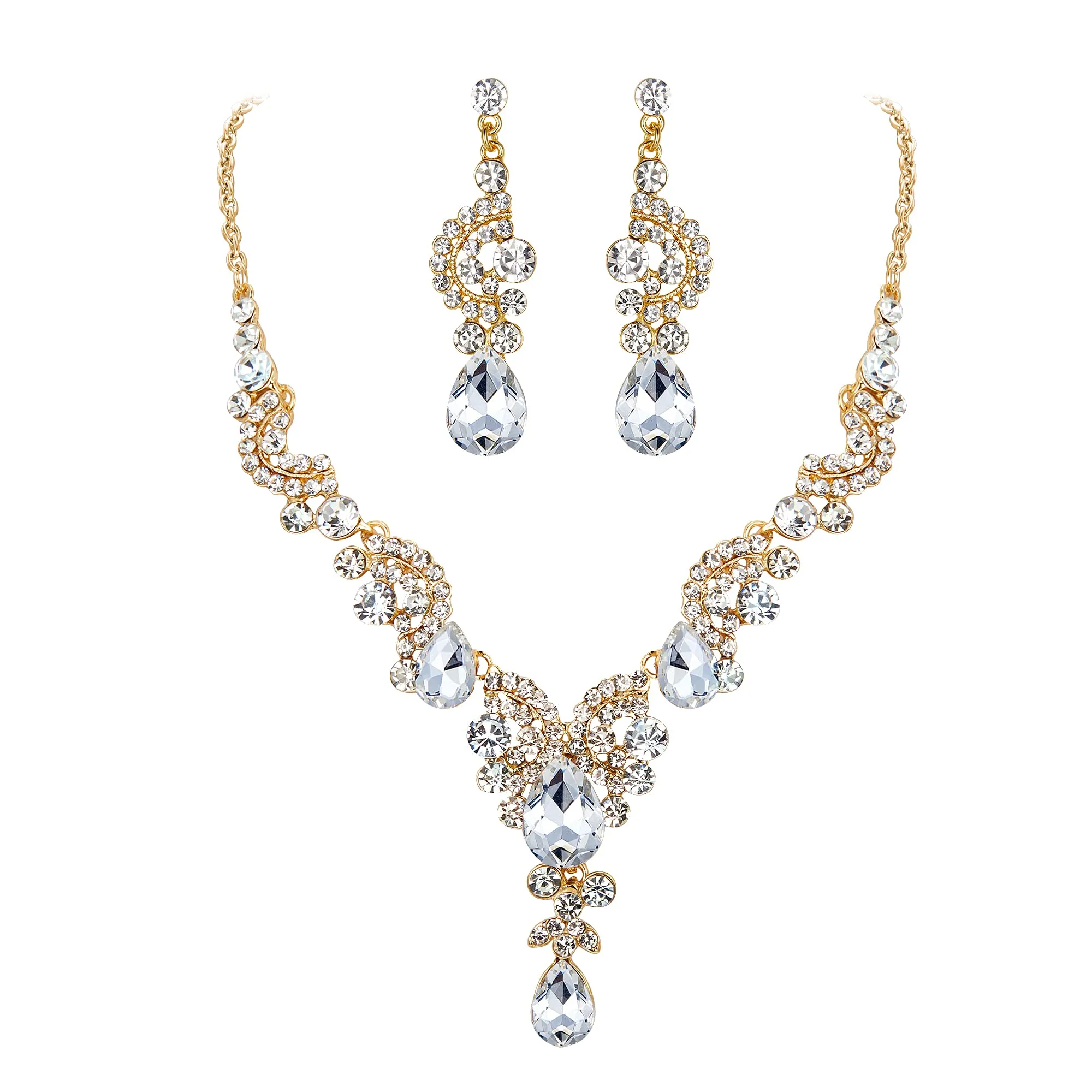 EVER FAITH Set Gioielli Donna, Rhinestone Cristallo Sposa Floreale Onda a Goccia Collana Orecchini - immagine 1