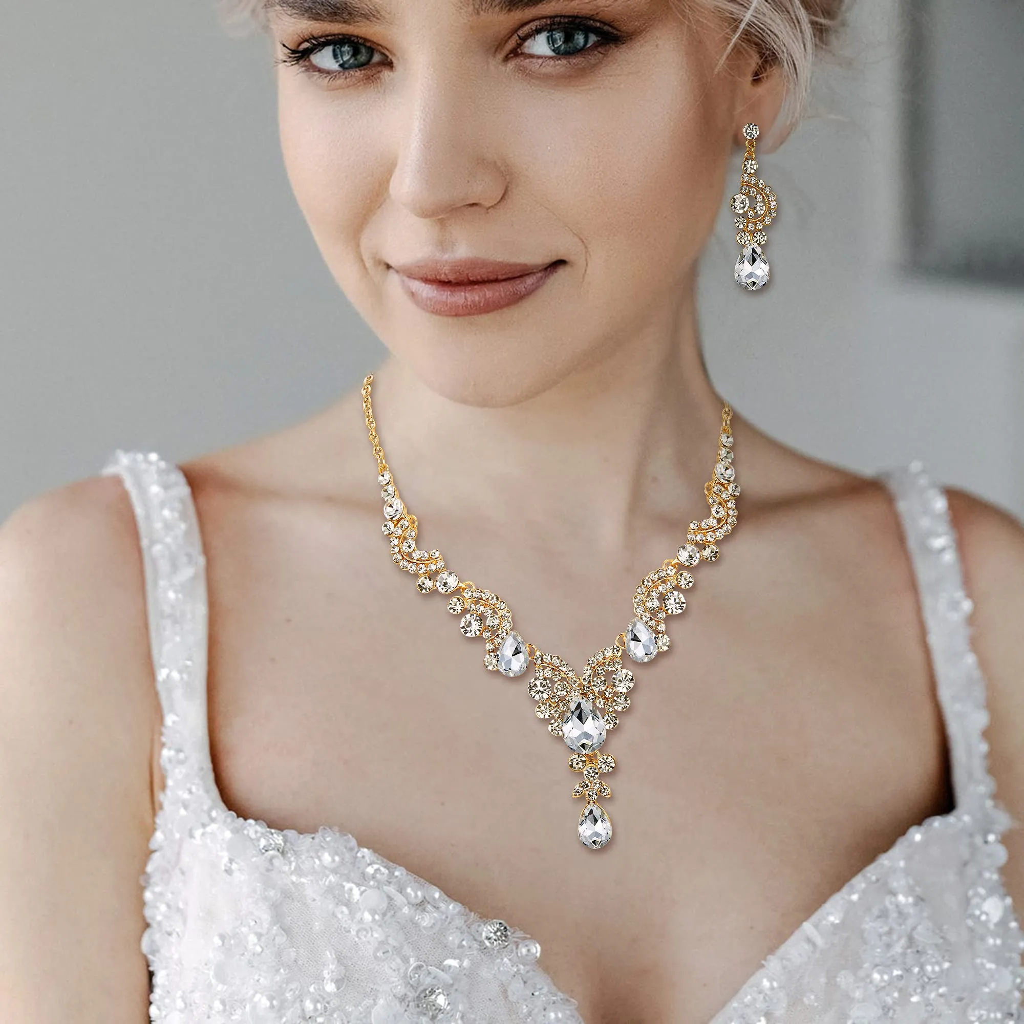 EVER FAITH Set Gioielli Donna, Rhinestone Cristallo Sposa Floreale Onda a Goccia Collana Orecchini - immagine 2