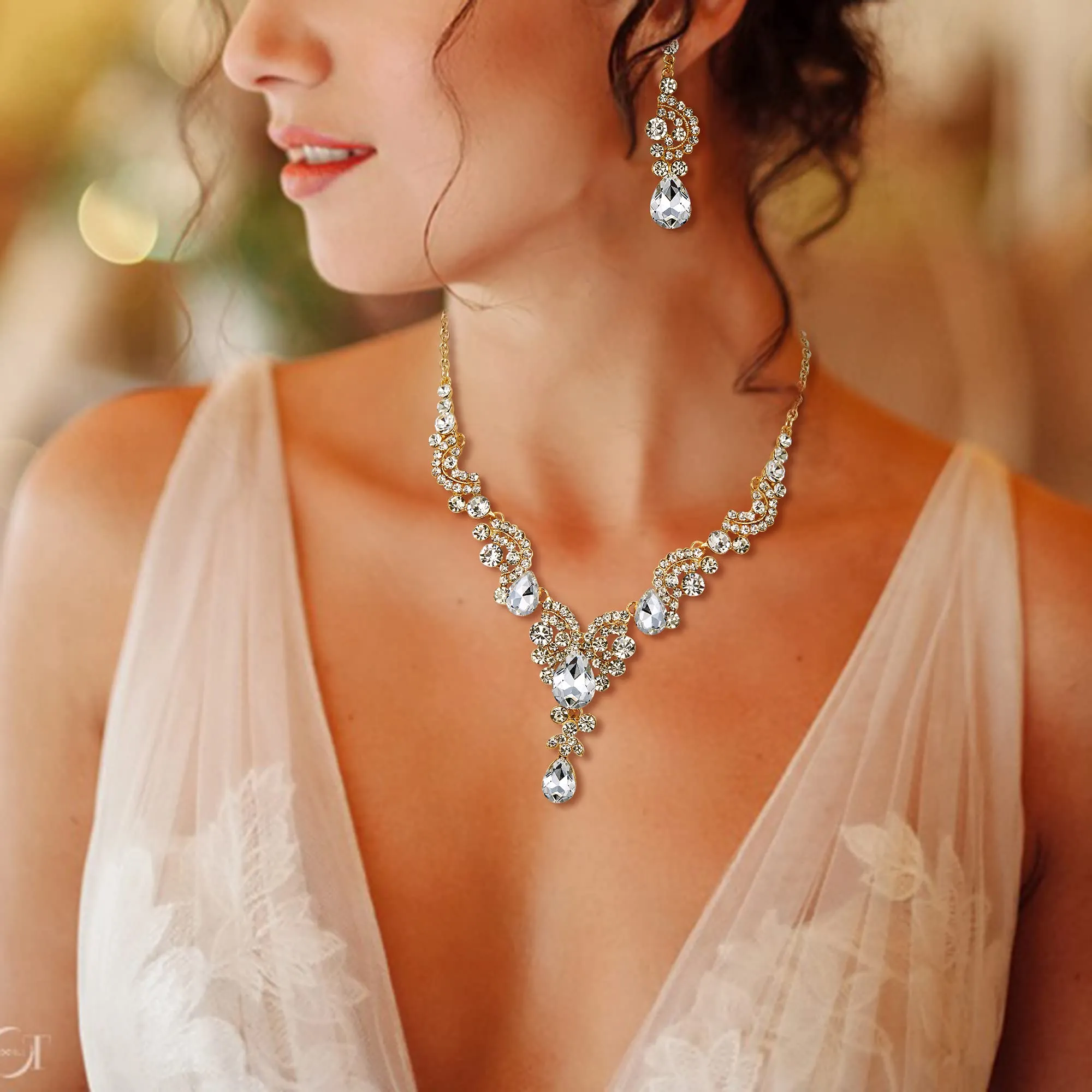 EVER FAITH Set Gioielli Donna, Rhinestone Cristallo Sposa Floreale Onda a Goccia Collana Orecchini - immagine 3