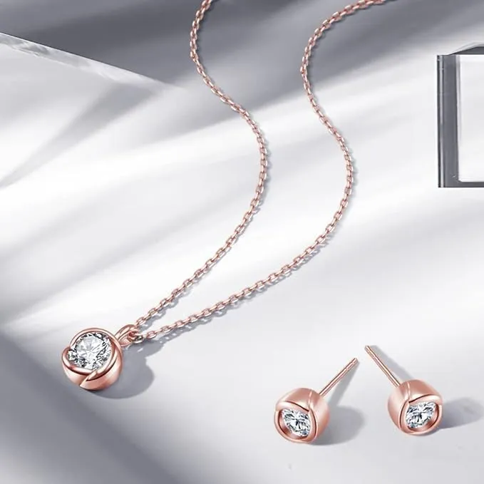 immobird Collana Orecchini Donna Set in Argento Sterling 925 di Rosegold Rosa Fiore Ciondolo con Pietra Portafortuna 5A-Zirconi Per Festival Regalo - immagine 3
