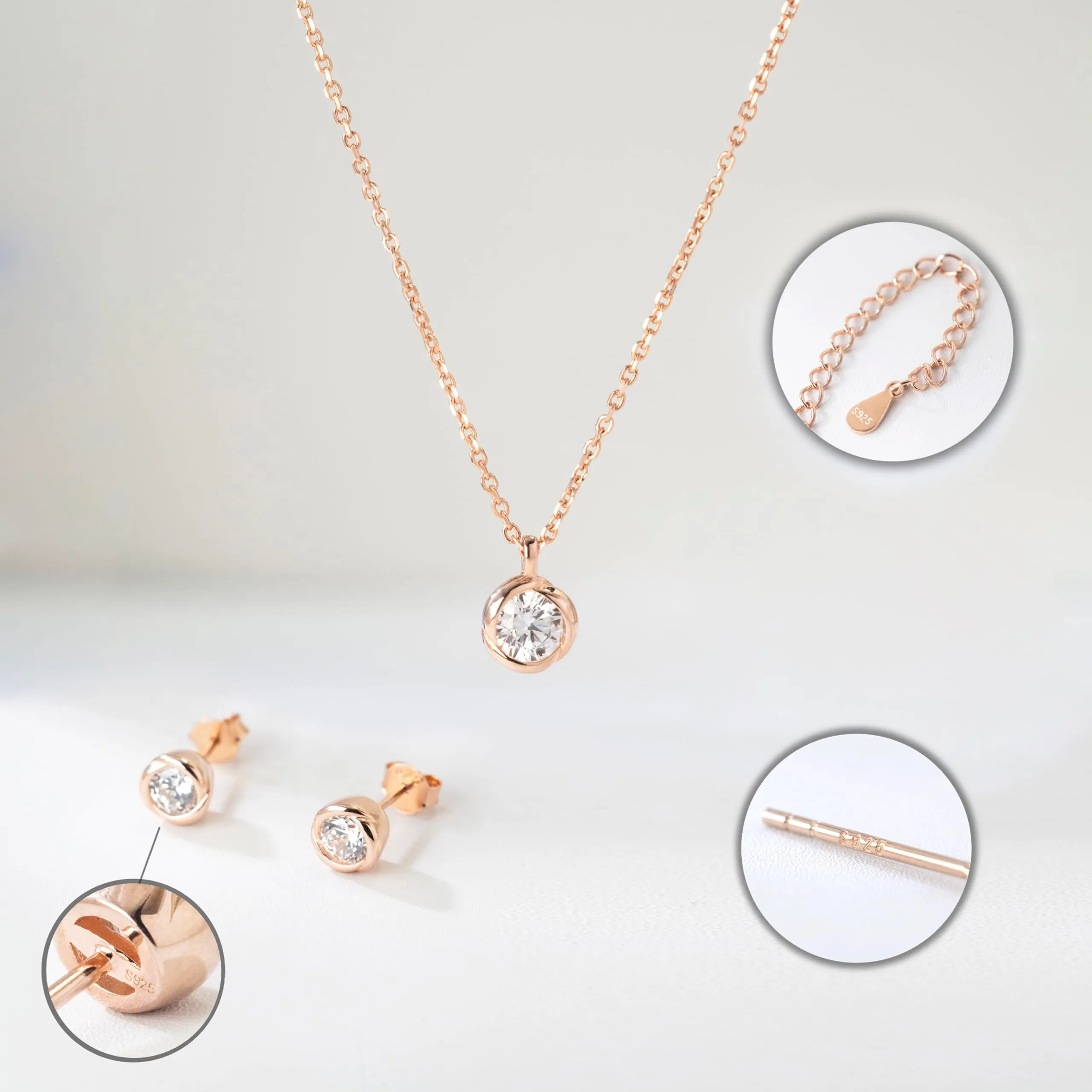 immobird Collana Orecchini Donna Set in Argento Sterling 925 di Rosegold Rosa Fiore Ciondolo con Pietra Portafortuna 5A-Zirconi Per Festival Regalo - immagine 5