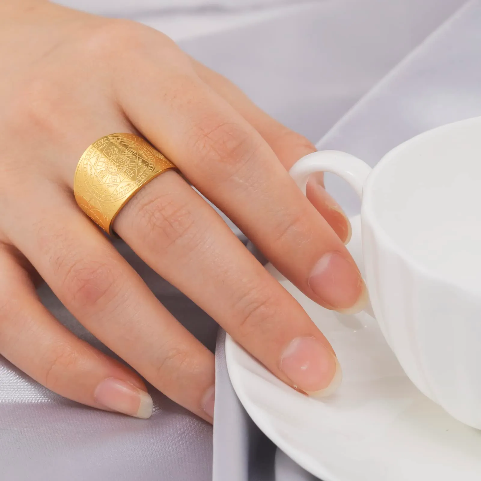 Amaxer Sette Arcangeli Anello per Uomo Cubo di Metatron Acciaio Inossidabile Il Sigillo di Salomone Tetragrammaton Arcangeli Protezione Anello Regolabile Fascia per Uomo Donna - immagine 3