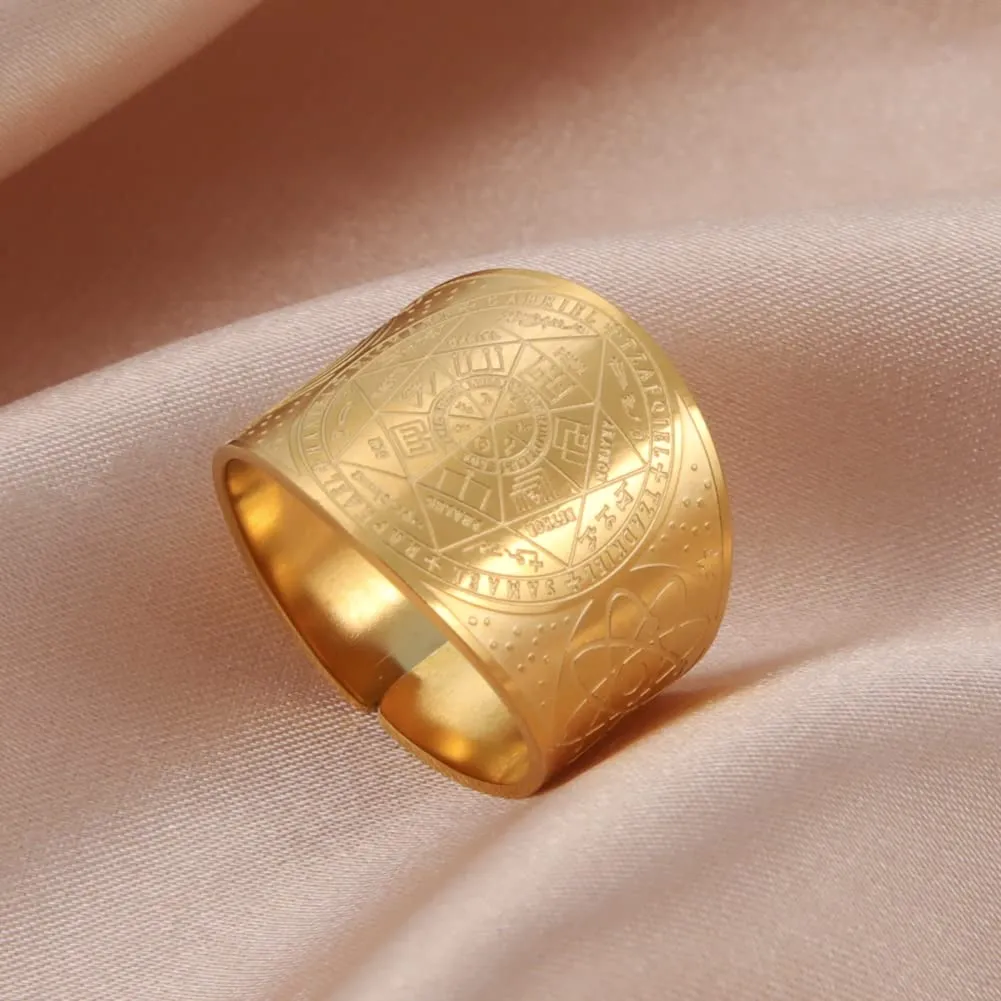 Amaxer Sette Arcangeli Anello per Uomo Cubo di Metatron Acciaio Inossidabile Il Sigillo di Salomone Tetragrammaton Arcangeli Protezione Anello Regolabile Fascia per Uomo Donna - immagine 7
