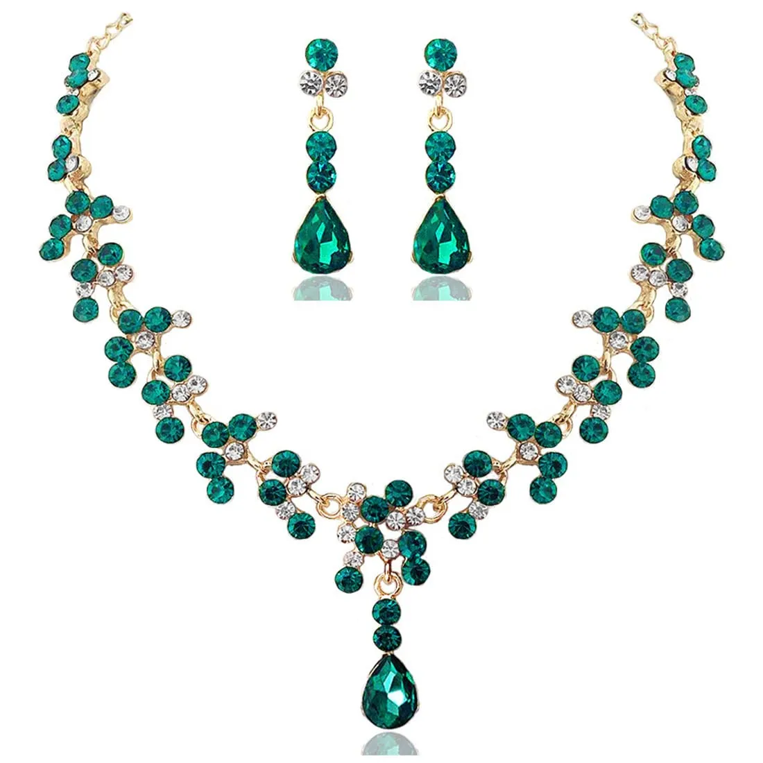 Prosy Bride Strass Collana e Orecchini Set Collana di Cristallo Bridal Party Wedding Jewelry Set per le Donne e le Ragazze (Verde) - immagine 1