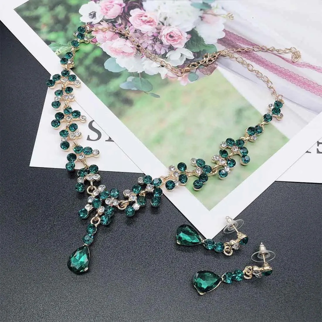 Prosy Bride Strass Collana e Orecchini Set Collana di Cristallo Bridal Party Wedding Jewelry Set per le Donne e le Ragazze (Verde) - immagine 4