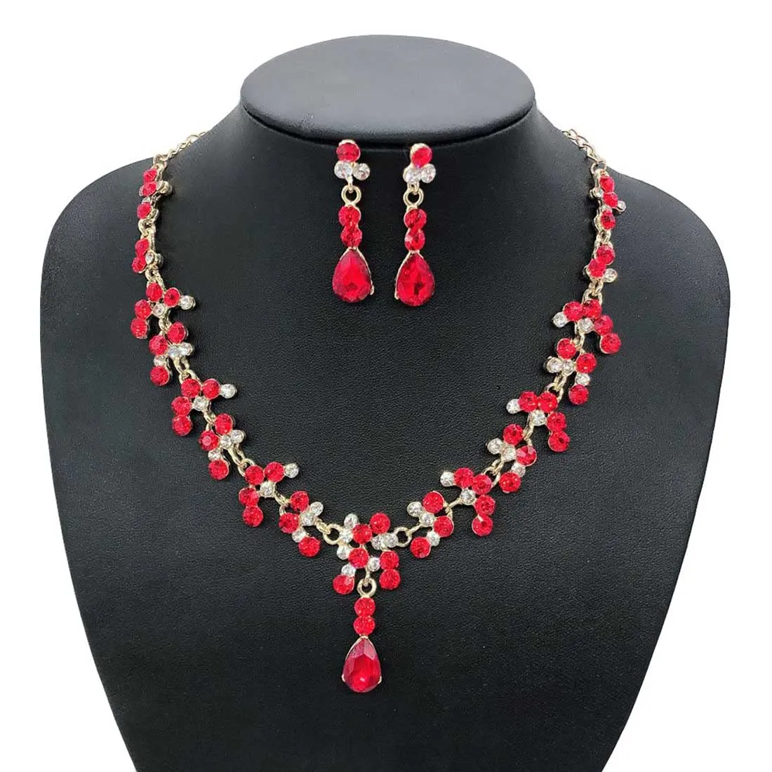 Prosy Bride Strass Collana e Orecchini Set Collana di Cristallo Bridal Party Wedding Jewelry Set per le Donne e le Ragazze (Rosso) - immagine 2