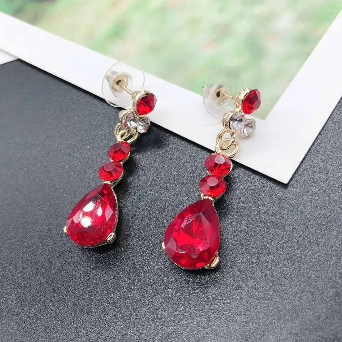 Prosy Bride Strass Collana e Orecchini Set Collana di Cristallo Bridal Party Wedding Jewelry Set per le Donne e le Ragazze (Rosso) - immagine 5
