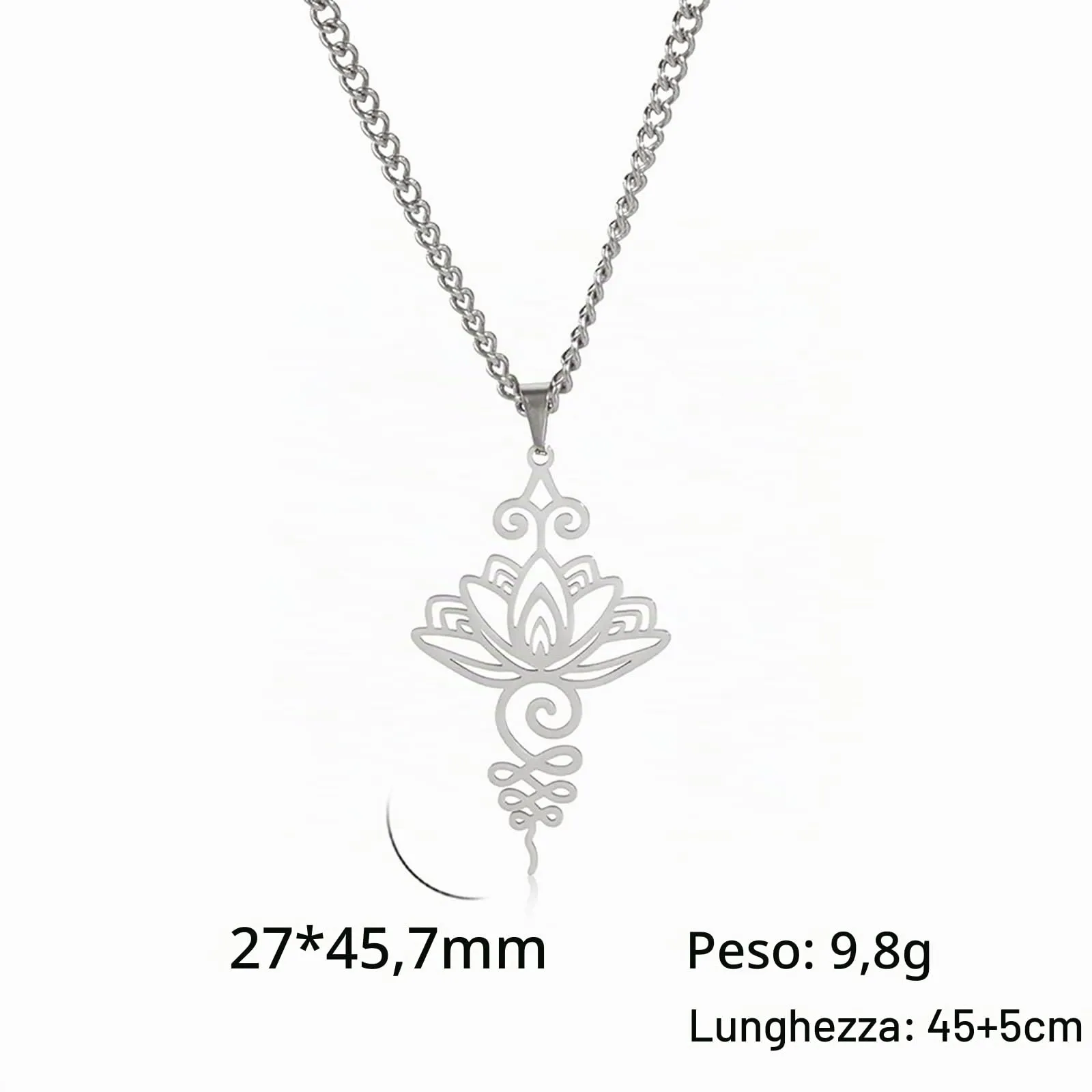 VASSAGO Collana con ciondolo a forma di fiore di loto Acciaio inossidabile Collana Unalome Lotus Chakra Simbolo Geometria Indù Ciondolo Lotus Gioielli Spirituale Regalo per Uomini Donne (Argento) - immagine 4