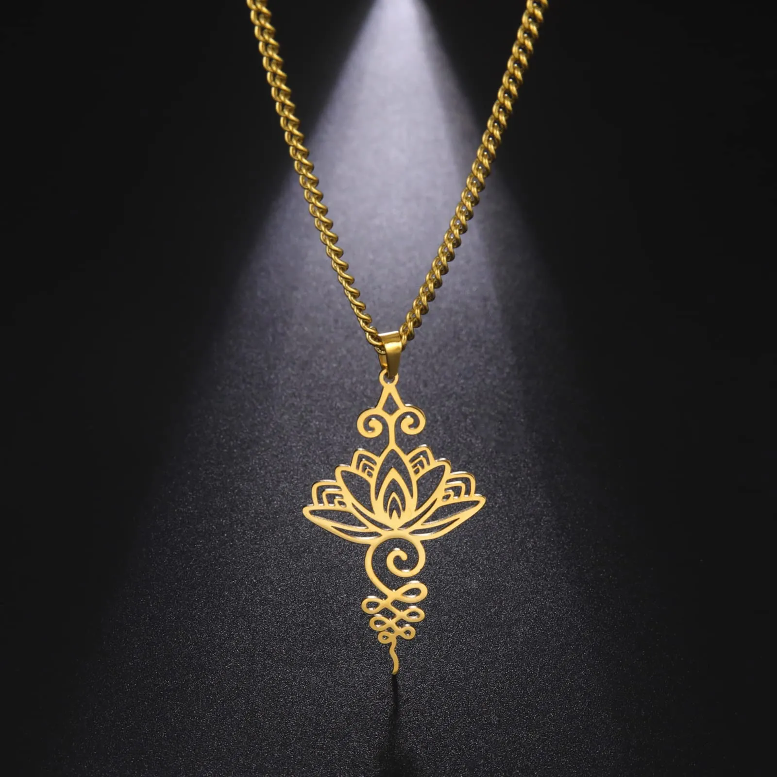 VASSAGO Collana con ciondolo a forma di fiore di loto Acciaio inossidabile Collana Unalome Lotus Chakra Simbolo Geometria Indù Ciondolo Lotus Gioielli Spirituale Regalo per Uomini Donne (Oro) - immagine 5
