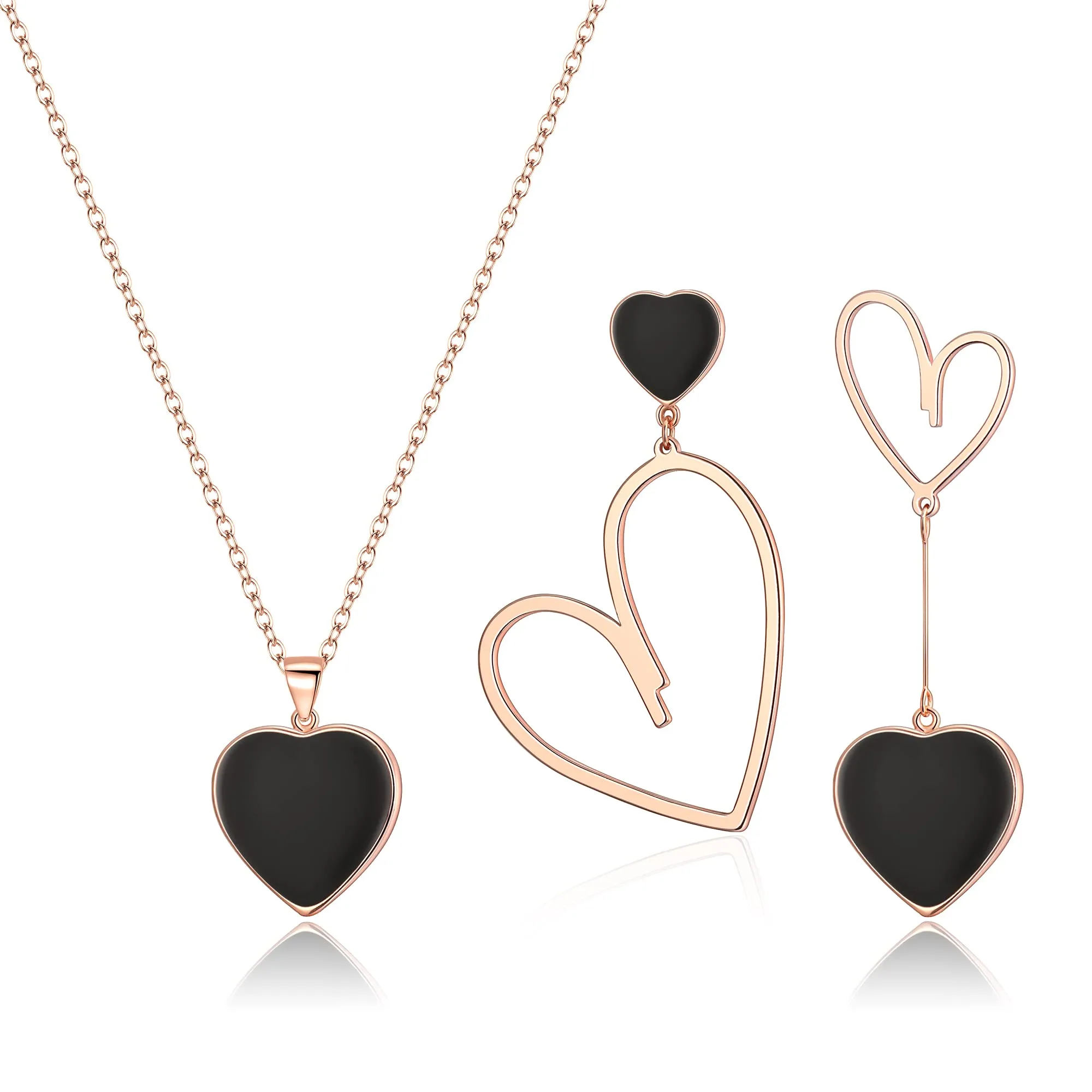 EVER FAITH Set di Gioielli da Donna con Cuore spaiato, Collana con Ciondolo Nero Cuore, Set di Orecchini Asimmetrici, Regali per lei/Moglie/Mamma/Valentine's Day Rose Oro Fondo - immagine 1