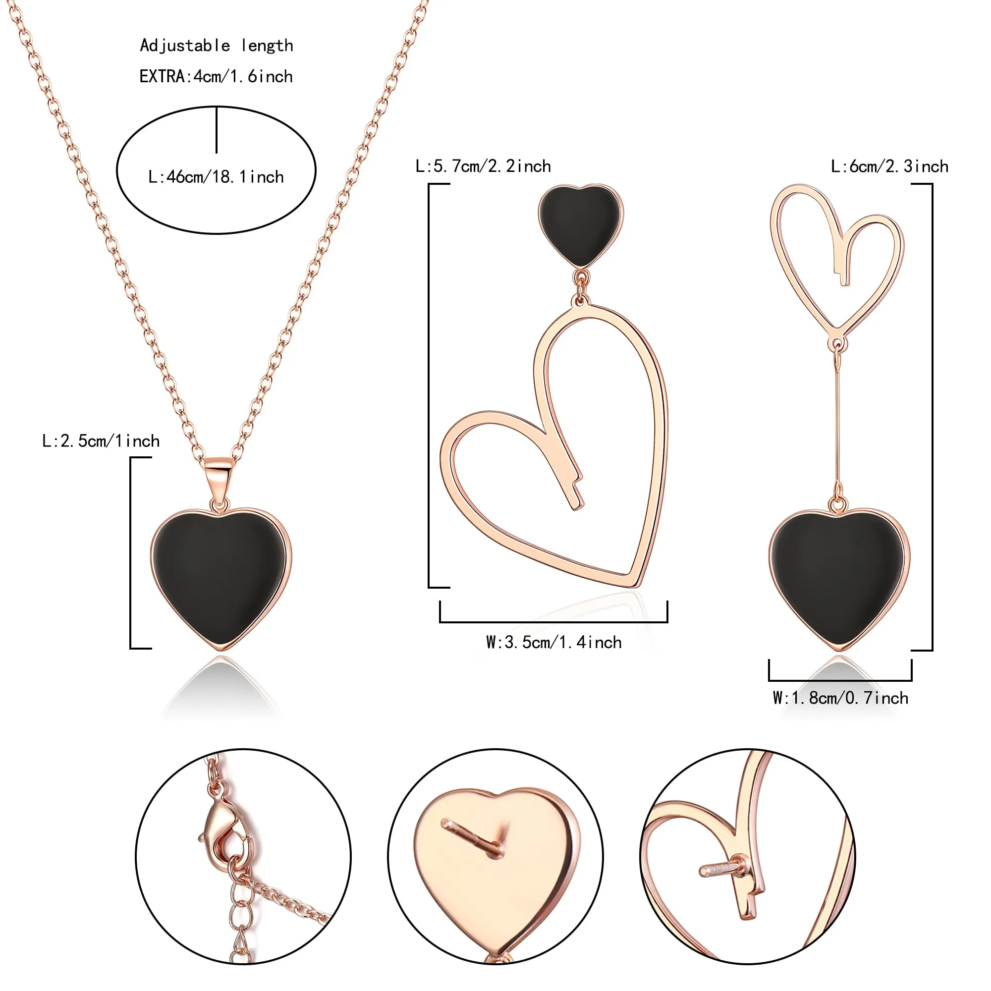 EVER FAITH Set di Gioielli da Donna con Cuore spaiato, Collana con Ciondolo Nero Cuore, Set di Orecchini Asimmetrici, Regali per lei/Moglie/Mamma/Valentine's Day Rose Oro Fondo - immagine 7