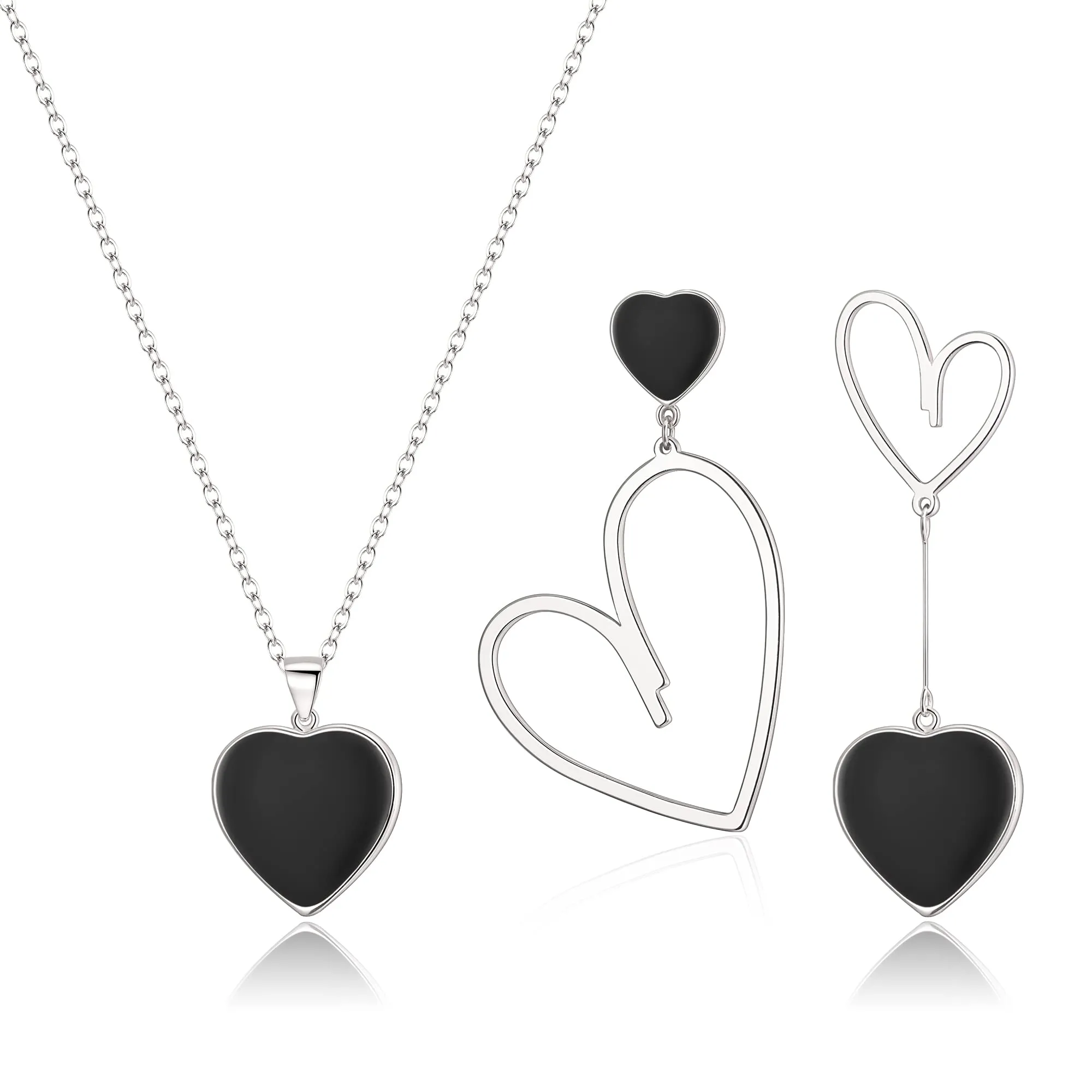 EVER FAITH Set di Gioielli da Donna con Cuore spaiato, Collana con Ciondolo Nero Cuore, Set di Orecchini Asimmetrici, Regali per lei/Moglie/Mamma/Valentine's Day Argento Fondo - immagine 1