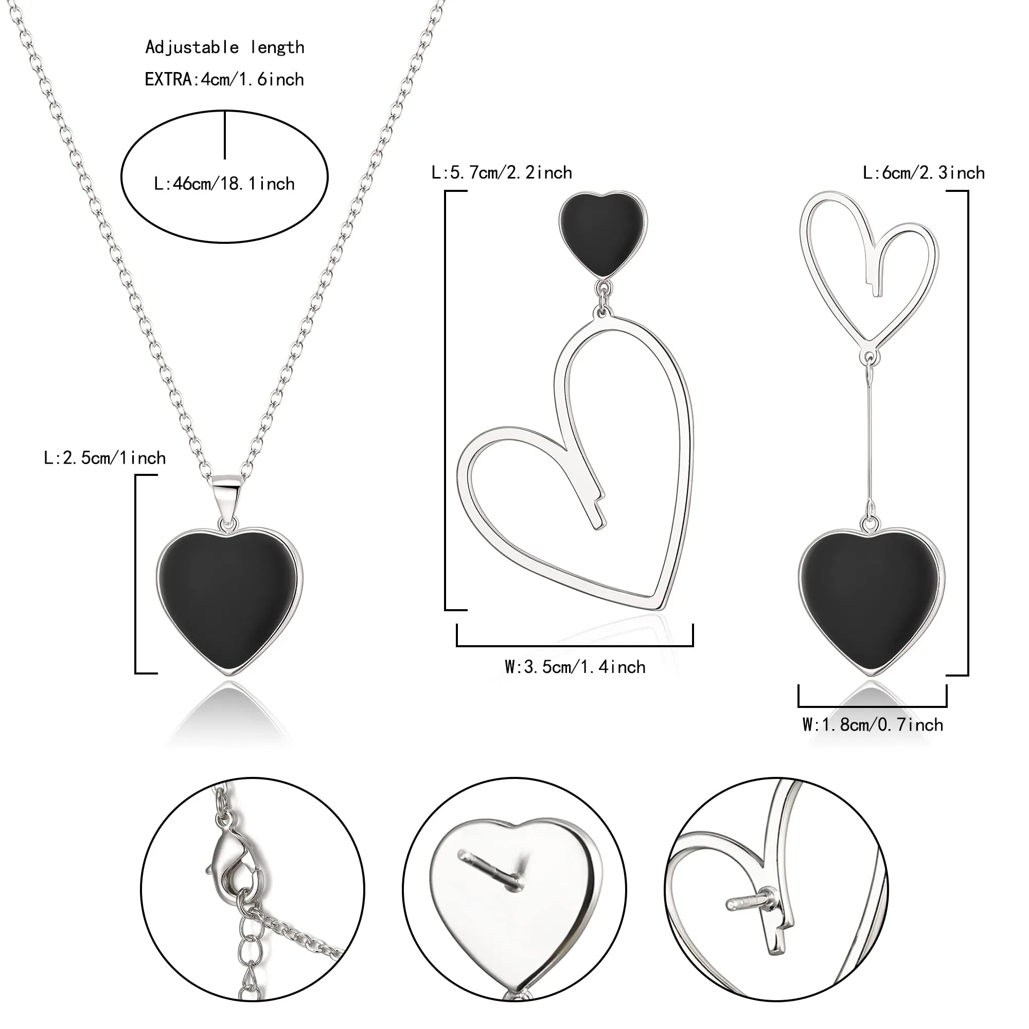EVER FAITH Set di Gioielli da Donna con Cuore spaiato, Collana con Ciondolo Nero Cuore, Set di Orecchini Asimmetrici, Regali per lei/Moglie/Mamma/Valentine's Day Argento Fondo - immagine 7