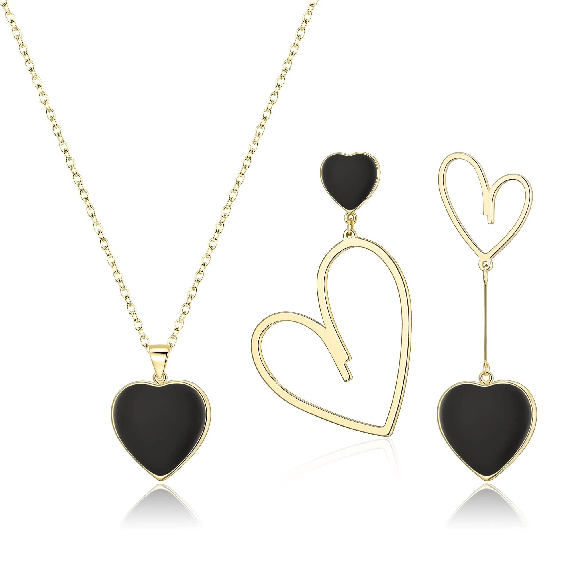 EVER FAITH Set di Gioielli Cuore Non abbinati per Le Donne, Collana Pendente Nero di Orecchini Asimmetrici Regali di per lei/Moglie/Mamma/Valentine's Day Placcati in Oro 14K - immagine 1