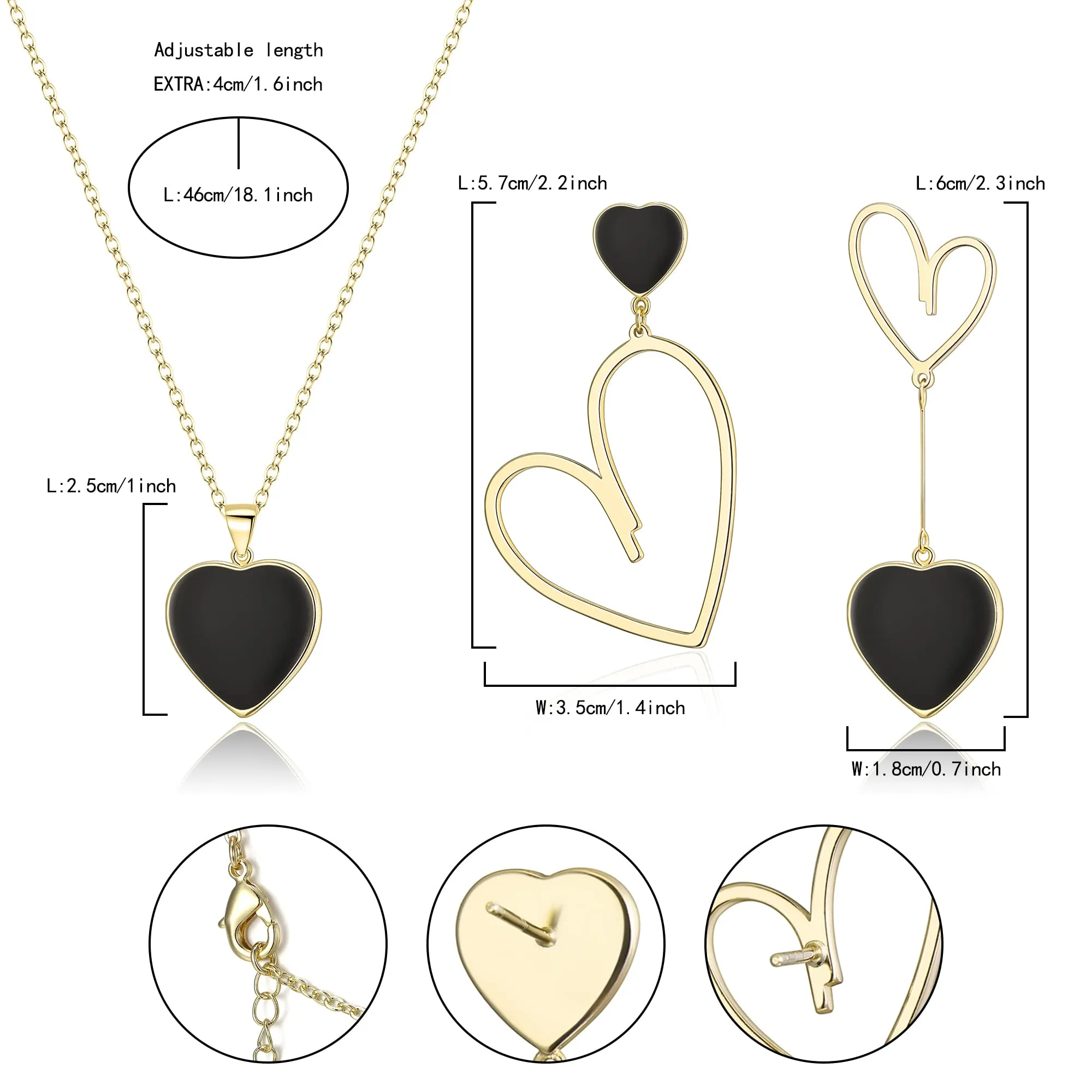 EVER FAITH Set di Gioielli Cuore Non abbinati per Le Donne, Collana Pendente Nero di Orecchini Asimmetrici Regali di per lei/Moglie/Mamma/Valentine's Day Placcati in Oro 14K - immagine 7
