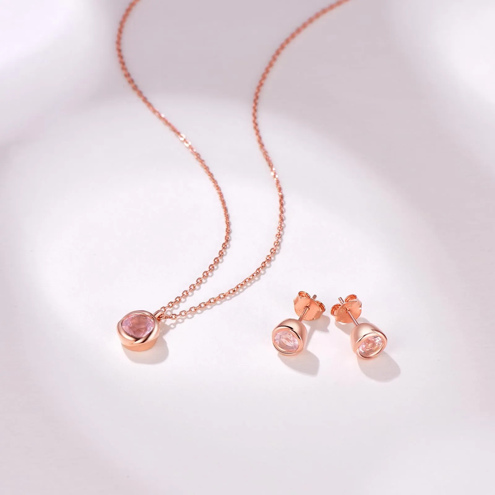immobird Collana Orecchini Donna Set in Argento Sterling 925 di Rosegold Rosa Fiore Ciondolo con Quarzo Rosa Pietra Portafortuna Per Festival Regalo - immagine 3