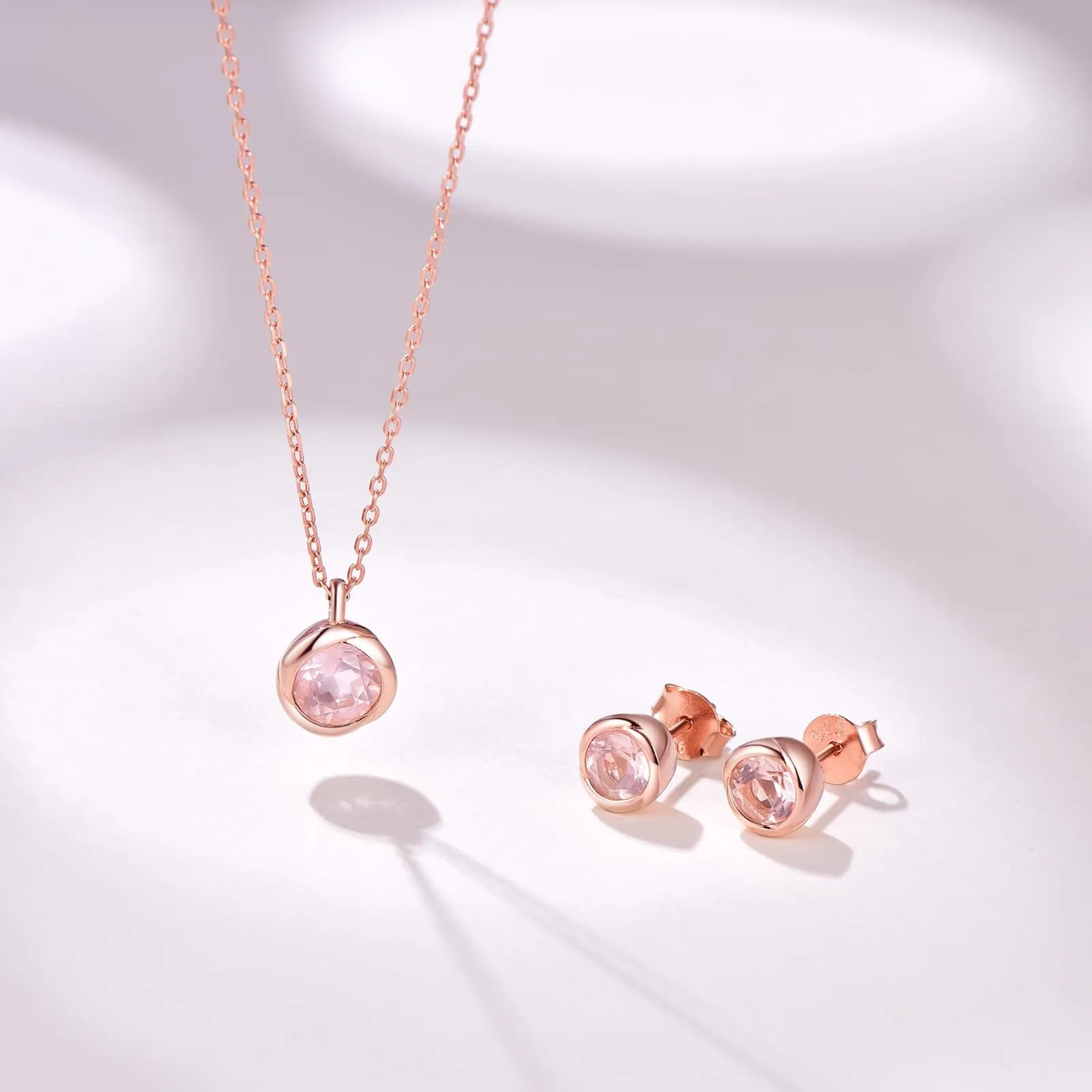 immobird Collana Orecchini Donna Set in Argento Sterling 925 di Rosegold Rosa Fiore Ciondolo con Quarzo Rosa Pietra Portafortuna Per Festival Regalo - immagine 4