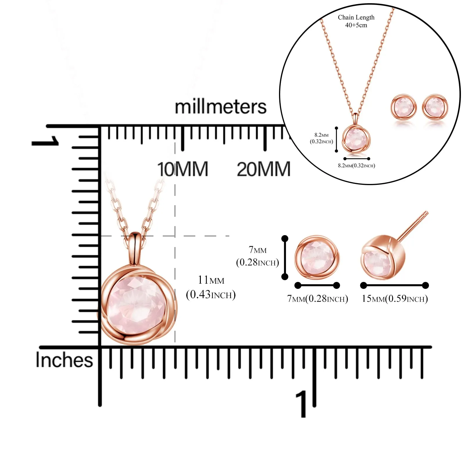immobird Collana Orecchini Donna Set in Argento Sterling 925 di Rosegold Rosa Fiore Ciondolo con Quarzo Rosa Pietra Portafortuna Per Festival Regalo - immagine 5