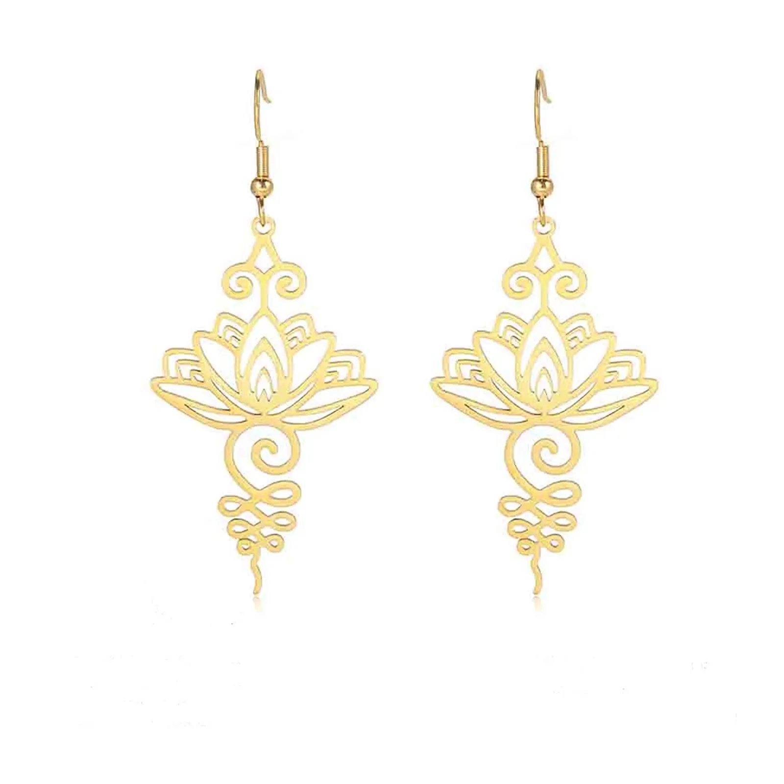 Orecchini a forma di fiore di loto in stile bohémien, in acciaio inox, per buddismo, yoga, guarigione, simbolo unalome, amuleto, gioielli religiosi, Misura unica, Acciaio inossidabile, Nessuna pietra - immagine 1