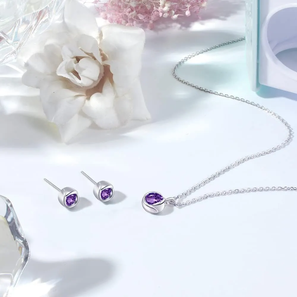 immobird Collana Orecchini Donna Set in Argento Sterling 925 di Rosegold Rosa Fiore Ciondolo con Ametista Pietra Portafortuna Per Festival Regalo - immagine 4