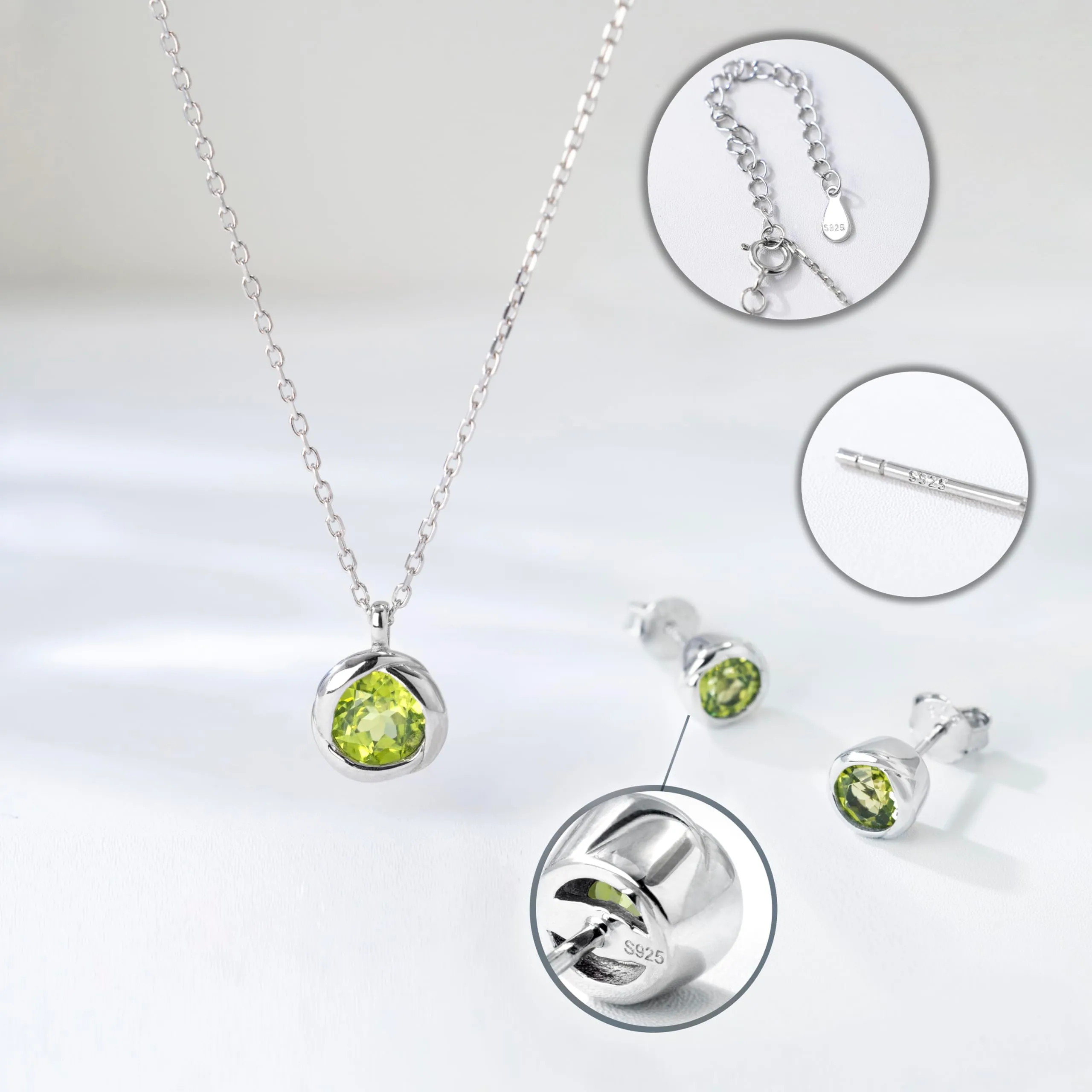 immobird Collana Orecchini Donna Set in Argento Sterling 925 di Rosegold Rosa Fiore Ciondolo con Peridoto Pietra Portafortuna Per Festival Regalo - immagine 4