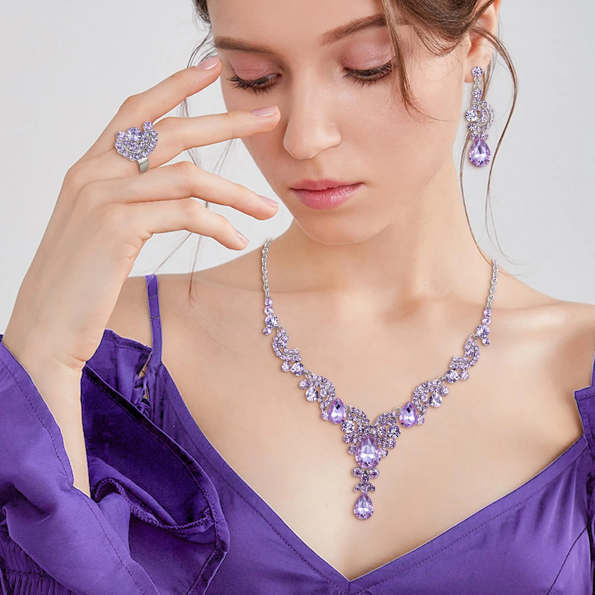 EVER FAITH Set di orecchini a goccia di strass di cristallo nozze fiore albero, - immagine 2