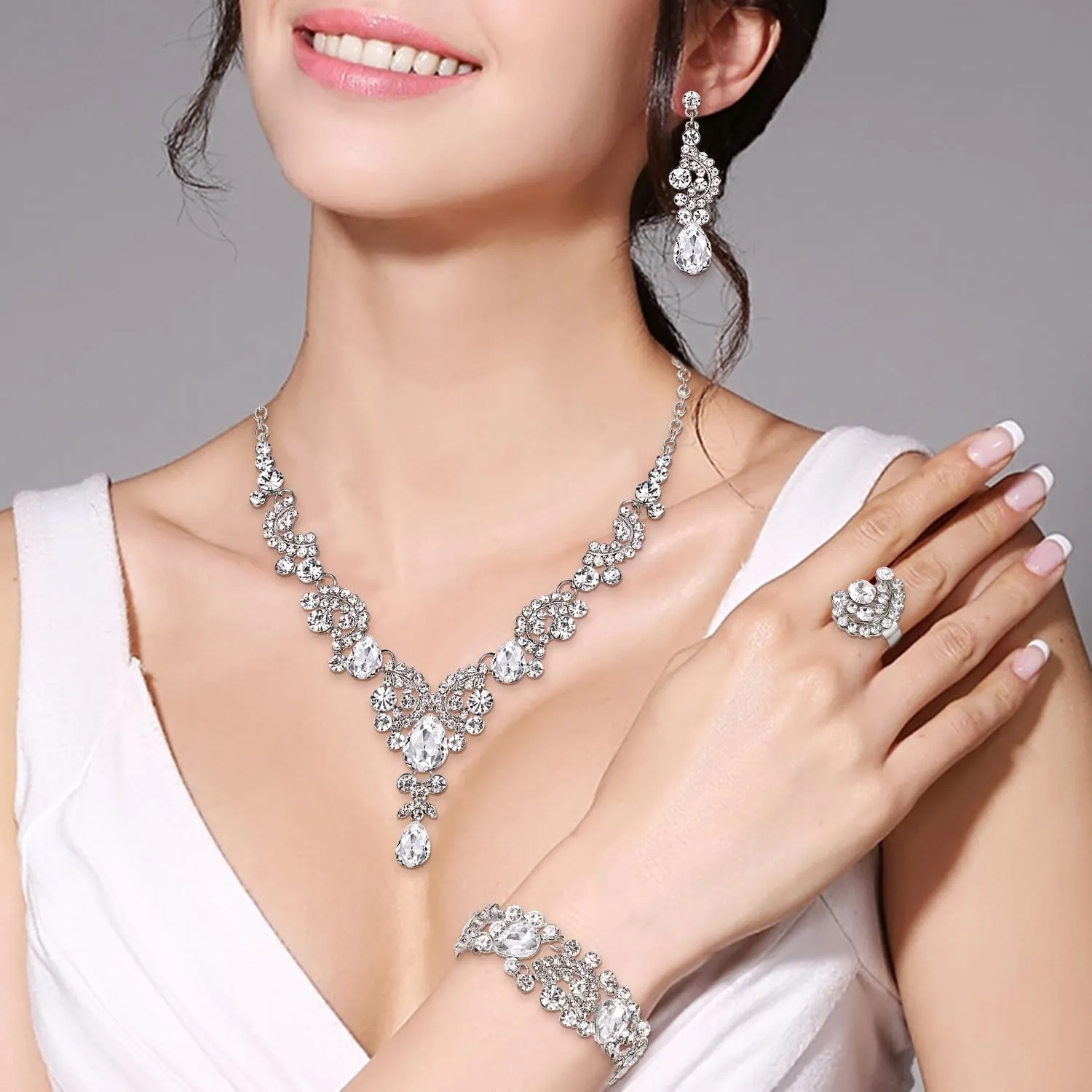 EVER FAITH Set di orecchini a goccia di strass di cristallo nozze fiore albero, - immagine 2