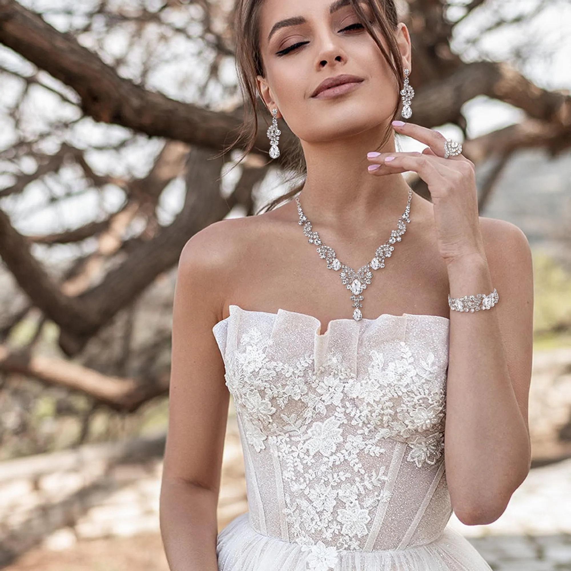 EVER FAITH Set di orecchini a goccia di strass di cristallo nozze fiore albero, - immagine 3