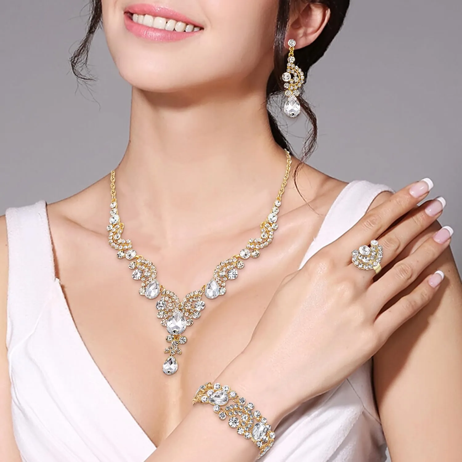 EVER FAITH Set di orecchini a goccia di strass di cristallo nozze fiore albero, - immagine 2