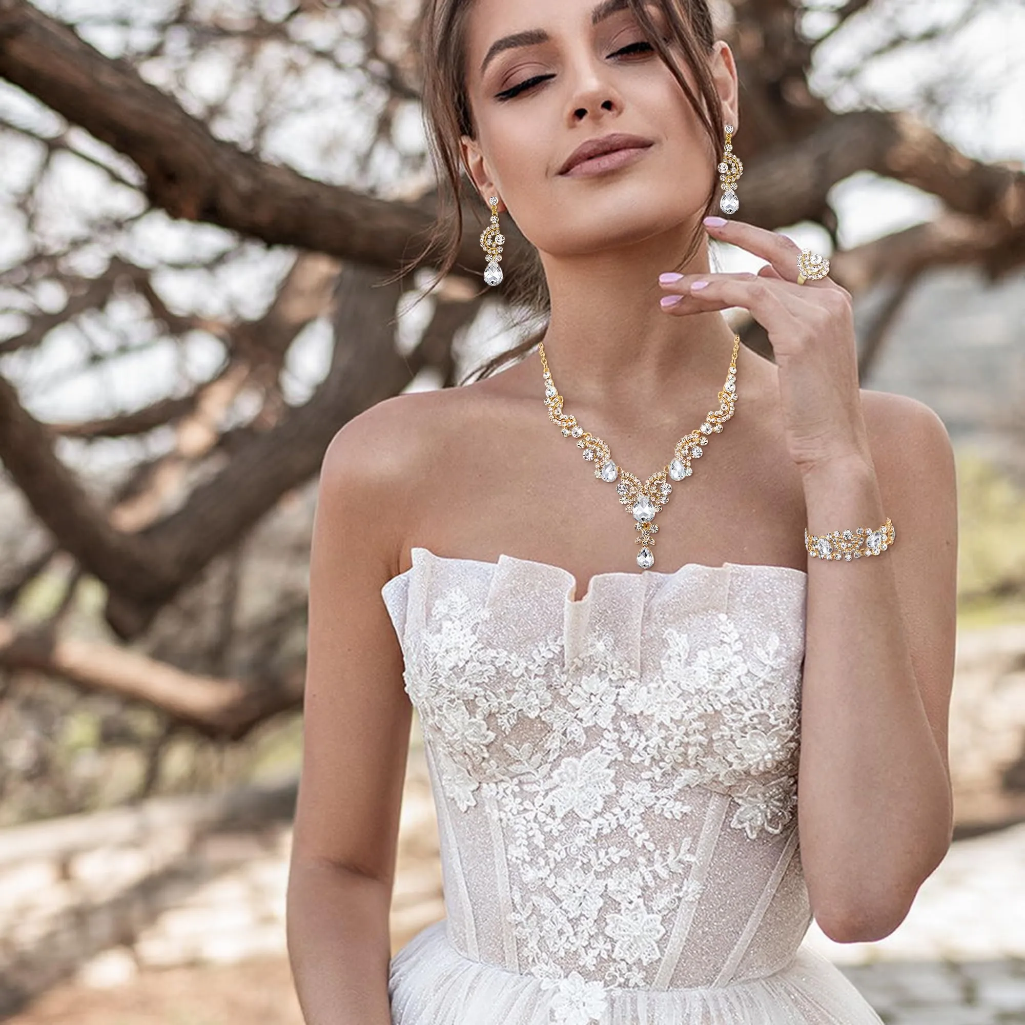 EVER FAITH Set di orecchini a goccia di strass di cristallo nozze fiore albero, - immagine 3