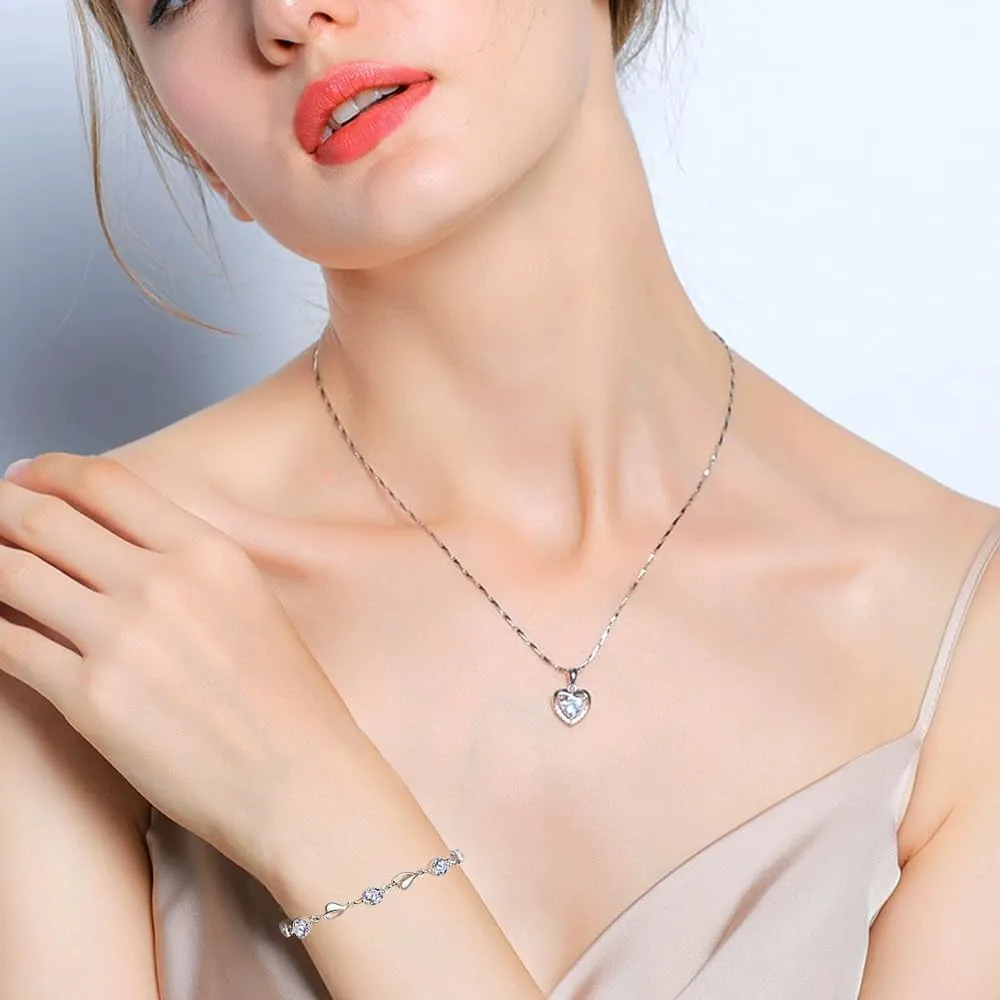 TOFBS Cuore Gioielli Donna Collana Orecchini Bracciale Cristallo Zirconia Cubica Argento Elegante Brillante Matrimonio Compleanno Cerimonia - immagine 3