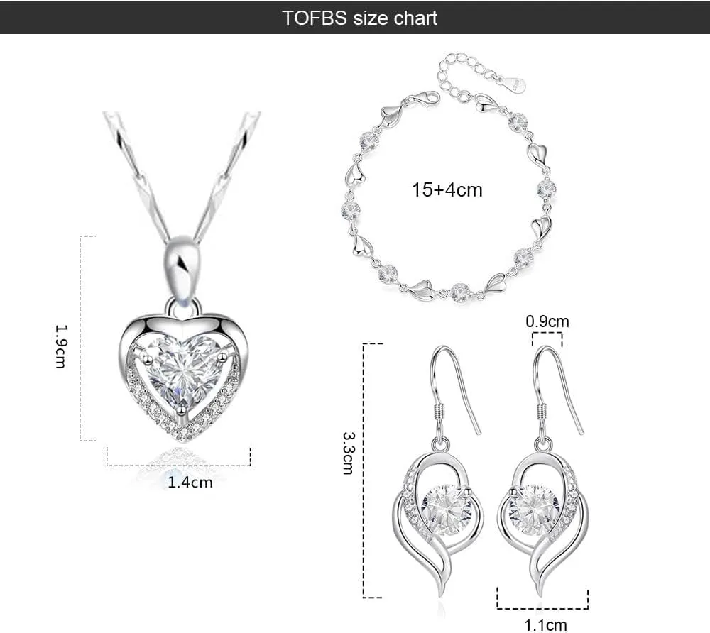TOFBS Cuore Gioielli Donna Collana Orecchini Bracciale Cristallo Zirconia Cubica Argento Elegante Brillante Matrimonio Compleanno Cerimonia - immagine 6