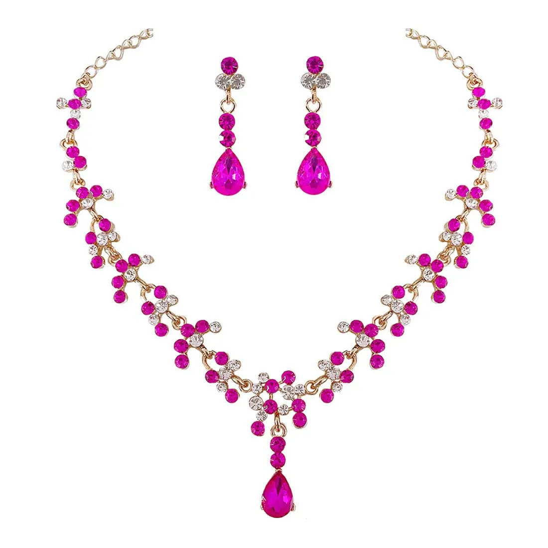 Prosy Bride Strass Collana e Orecchini Set Collana di Cristallo Bridal Party Wedding Jewelry Set per le Donne e le Ragazze (Rosso rosa) - immagine 1