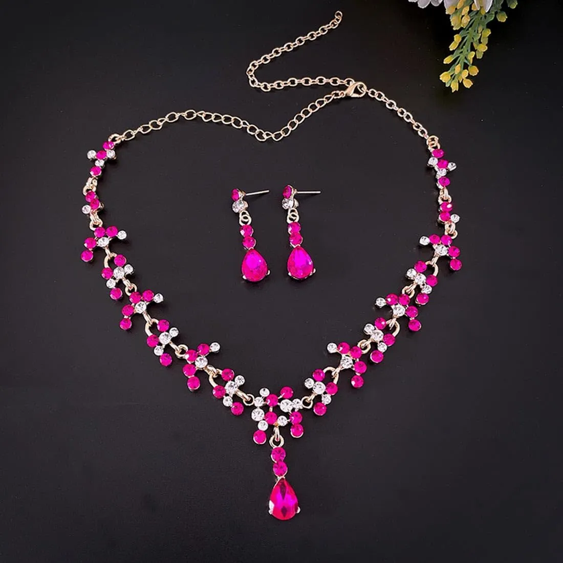 Prosy Bride Strass Collana e Orecchini Set Collana di Cristallo Bridal Party Wedding Jewelry Set per le Donne e le Ragazze (Rosso rosa) - immagine 2