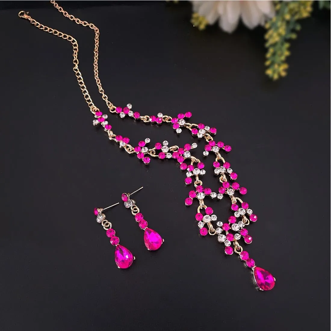 Prosy Bride Strass Collana e Orecchini Set Collana di Cristallo Bridal Party Wedding Jewelry Set per le Donne e le Ragazze (Rosso rosa) - immagine 4