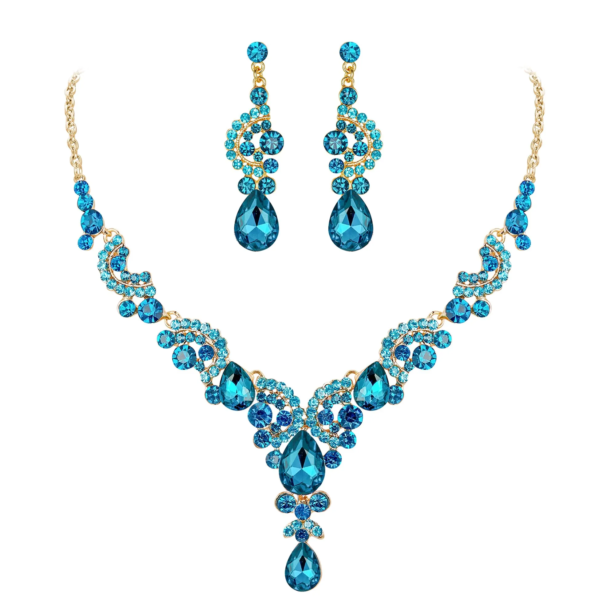 EVER FAITH Set di orecchini a goccia di strass di cristallo nozze fiore albero, cristallo, Tonalità oro blu chiaro, 13001820-25 - immagine 1