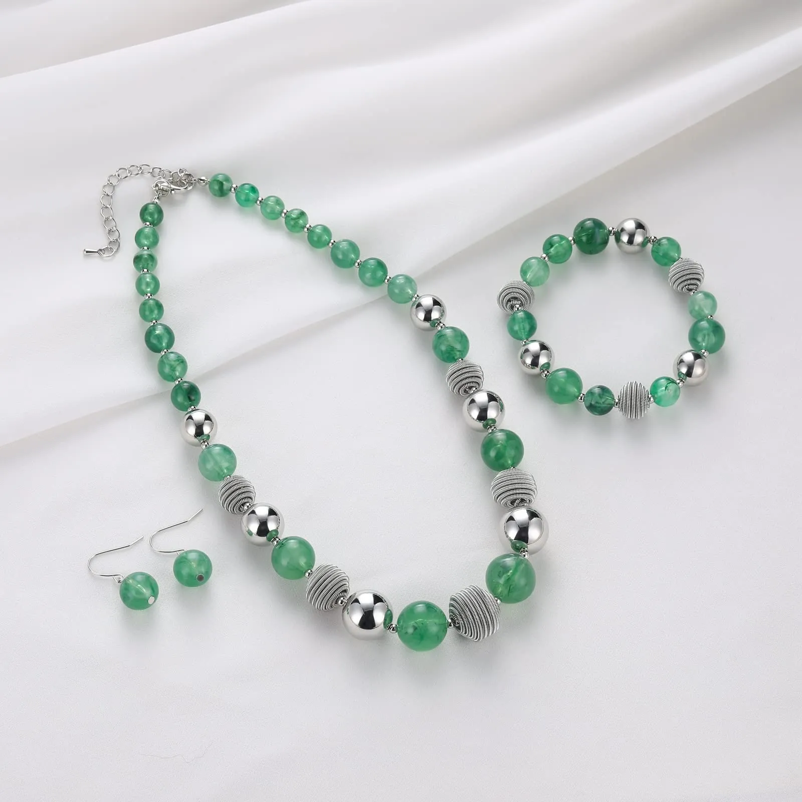 FULU AUTUMN 3 Pcs Parure di Gioielli, Set di Collana con Perle Grandi, Bracciale e Orecchini, Regalo di Compleanno per Donna, 43 cm, Pietra, Nessuna pietra preziosa - immagine 2