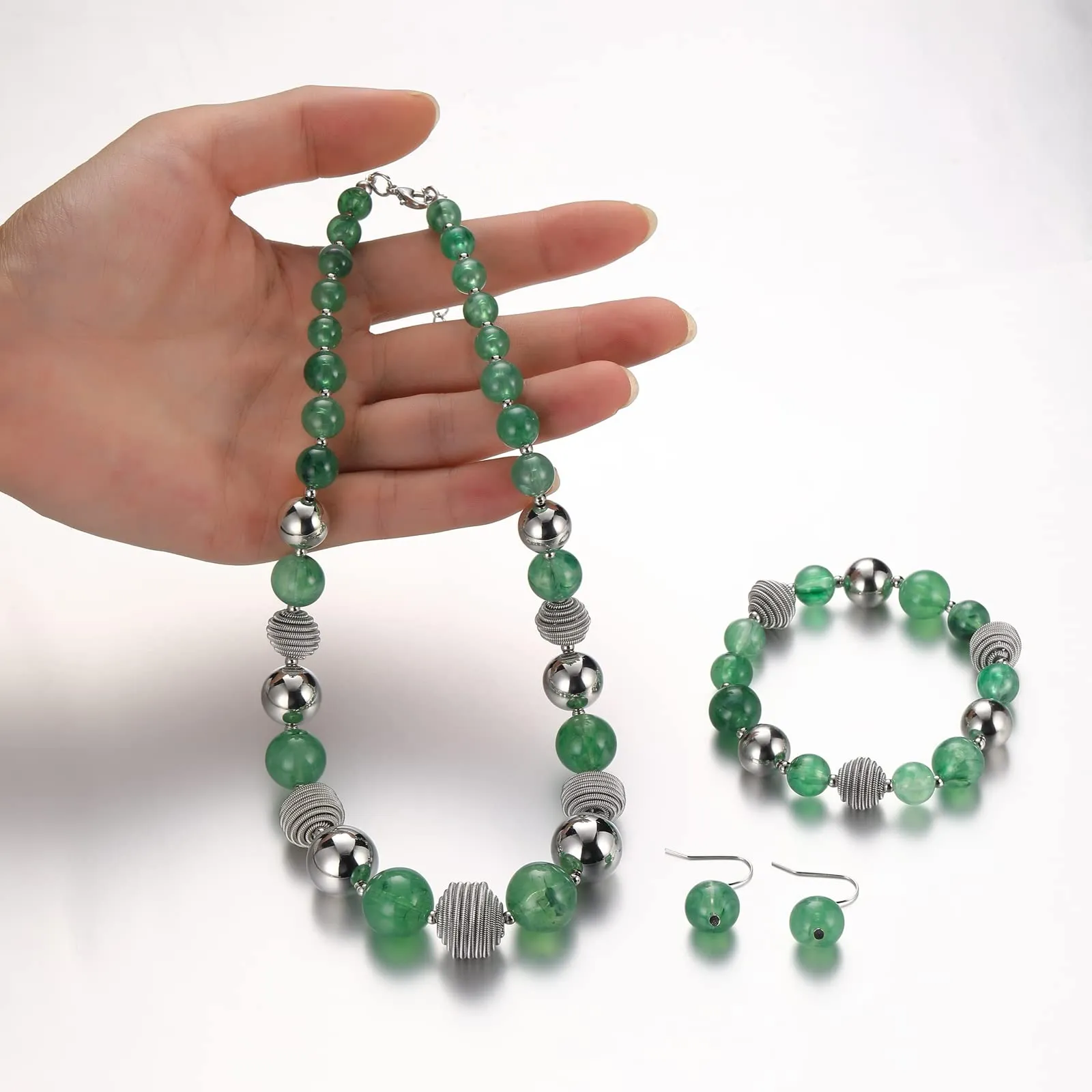 FULU AUTUMN 3 Pcs Parure di Gioielli, Set di Collana con Perle Grandi, Bracciale e Orecchini, Regalo di Compleanno per Donna, 43 cm, Pietra, Nessuna pietra preziosa - immagine 4